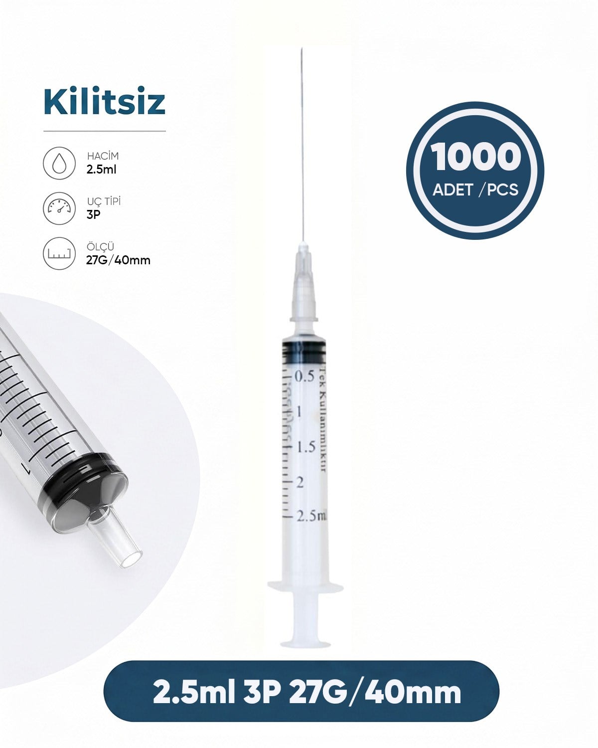 02,5 ml. , 3 Parçalı , 27G (0.41mm.), 40mm,Gri İğneli Dental Şırınga, LUER-SLIP Kilitsiz Dental Enjektör  1000 Ad./Pkt.