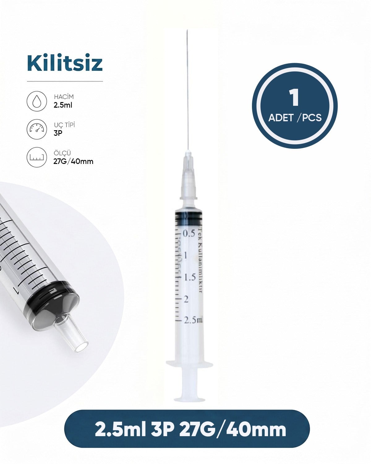 02,5 ml. , 3 Parçalı , 27G (0.41mm.), 40mm,Gri İğneli Dental Şırınga, LUER-SLIP Kilitsiz Dental Enjektör  1 Ad./Pkt.