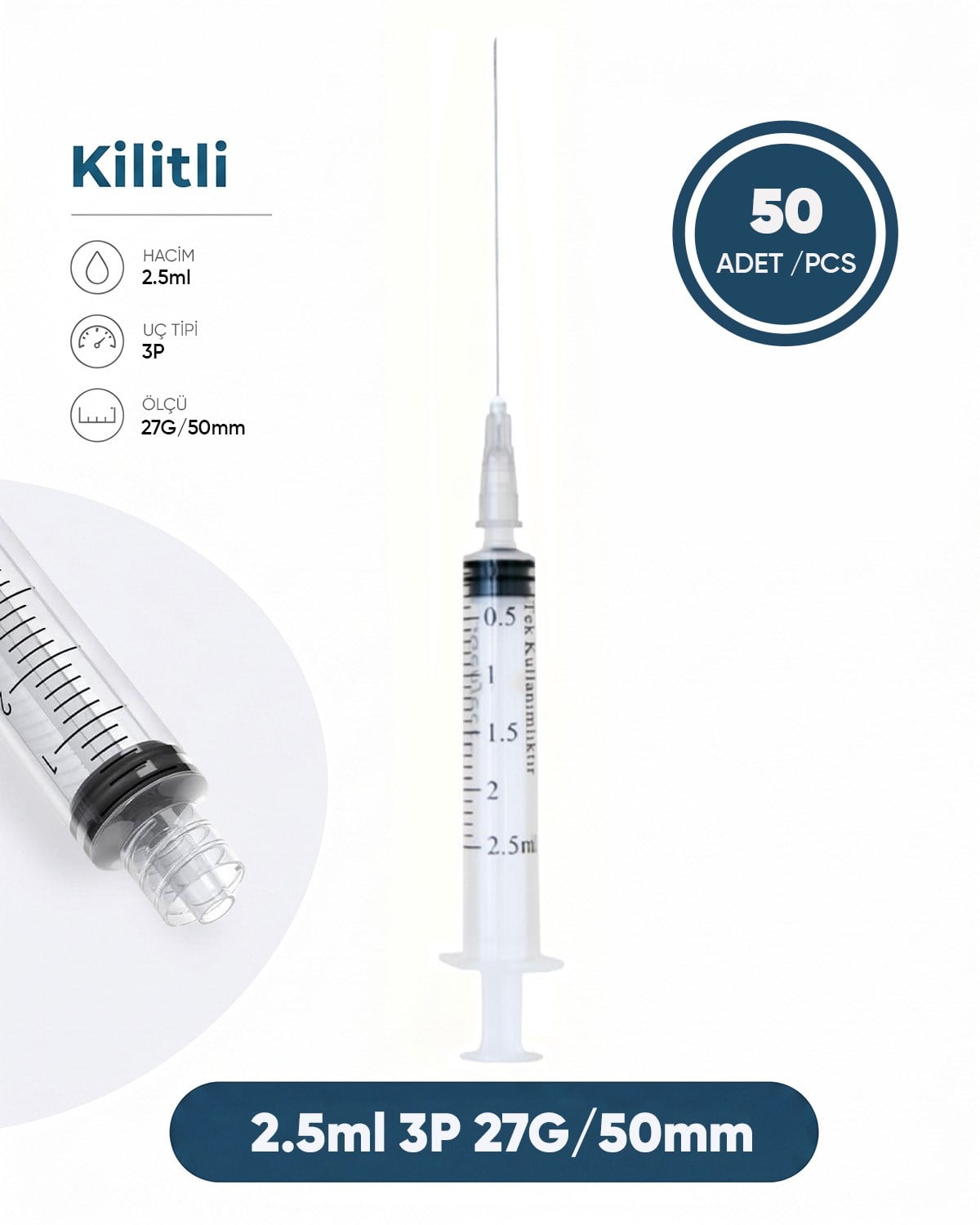 02,5 ml. , 3 Parçalı , 27G (0.41mm.), 50mm,Gri İğneli Dental Şırınga, LUER-LOCK Kilitli Dental Enjektör  50 Ad./Pkt.