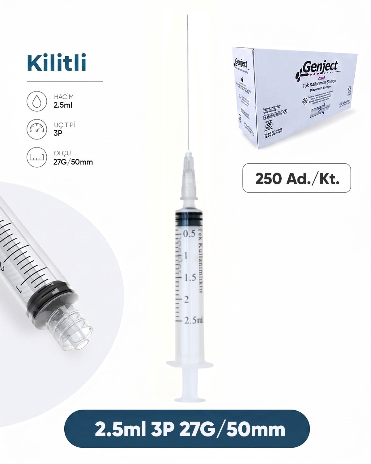 02,5 ml. , 3 Parçalı , 27G (0.41mm.), 50mm,Gri İğneli Dental Şırınga, LUER-LOCK Kilitli Dental Enjektör  250 Ad./Pkt.
