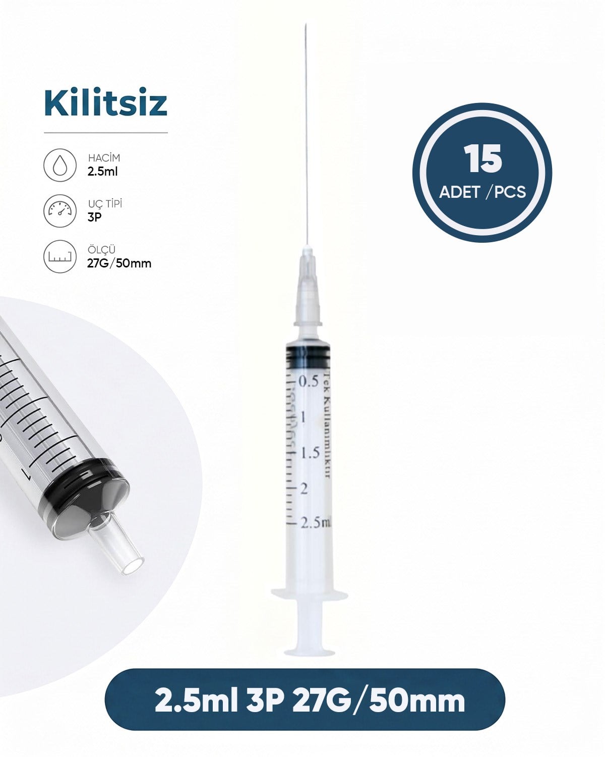 02,5 ml. , 3 Parçalı , 27G (0.41mm.), 50mm,Gri İğneli Dental Şırınga, LUER-SLIP Kilitsiz Dental Enjektör  15 Ad./Pkt.