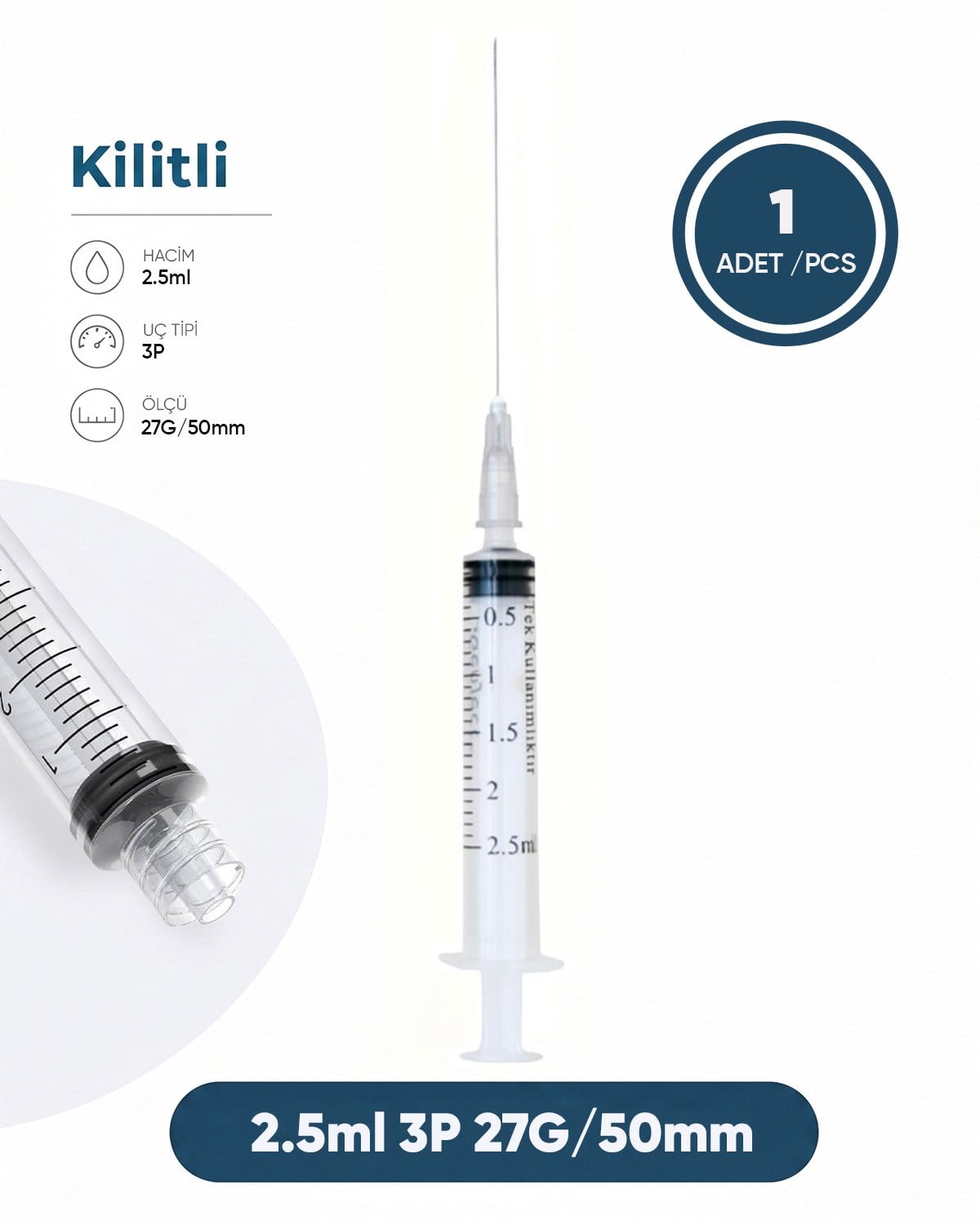 02,5 ml. , 3 Parçalı , 27G (0.41mm.), 50mm,Gri İğneli Dental Şırınga, LUER-LOCK Kilitli Dental Enjektör  1 Ad./Pkt.