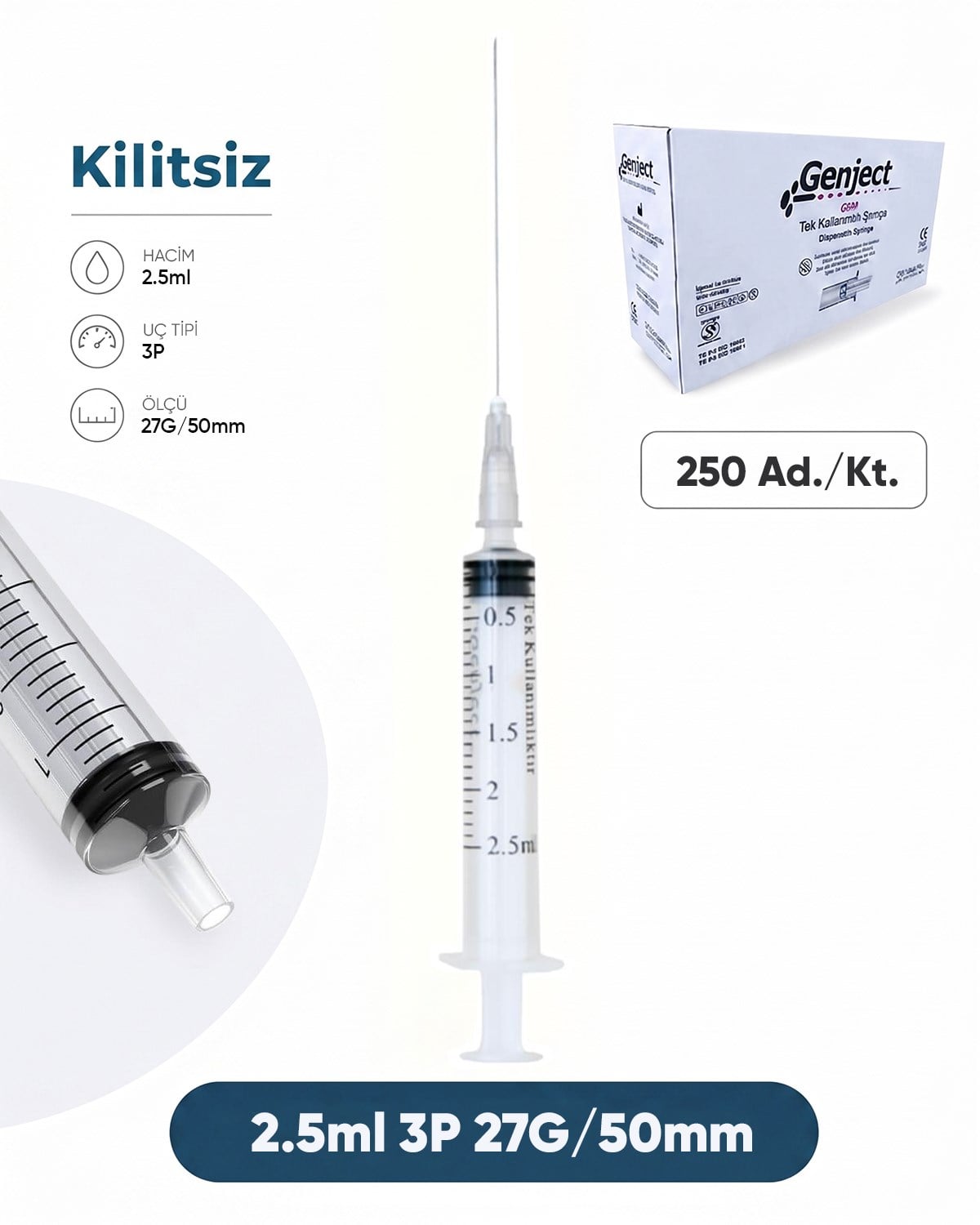 02,5 ml. , 3 Parçalı , 27G (0.41mm.), 50mm,Gri İğneli Dental Şırınga, LUER-SLIP Kilitsiz Dental Enjektör  250 Ad./Pkt.