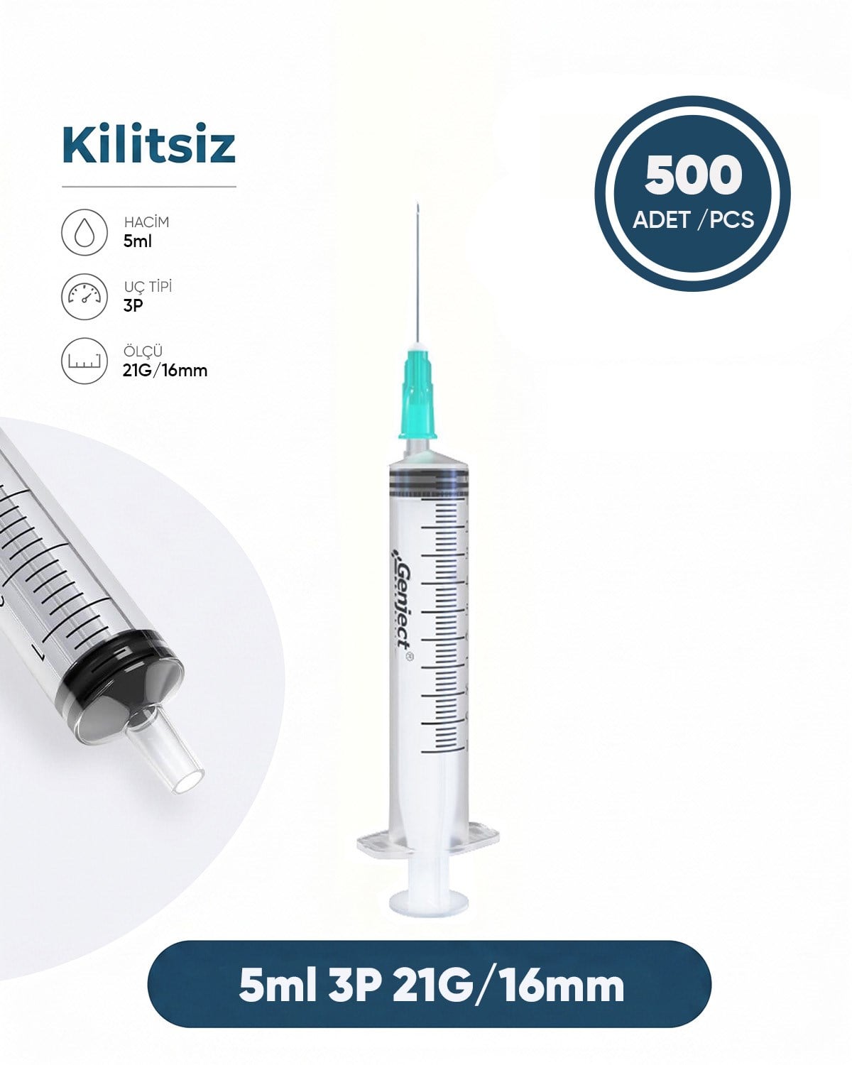 05 ml. , 3 Parçalı , 21G (0.82mm.), 16mm,Açık Yeşil İğneli Şırınga, Enjektör 500 Ad./Pkt.