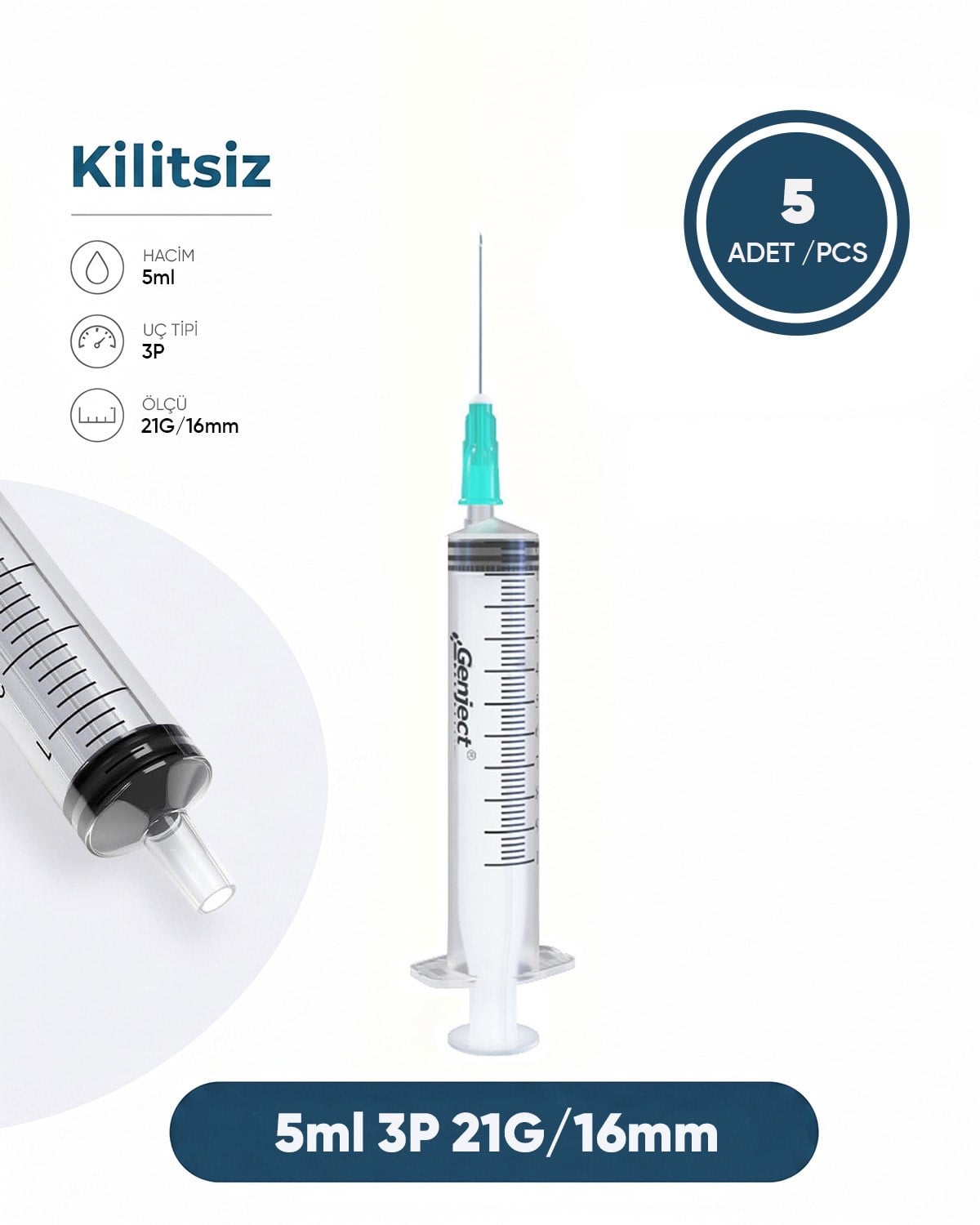 05 ml. , 3 Parçalı , 21G (0.82mm.), 16mm,Açık Yeşil İğneli Şırınga, Enjektör 5 Ad./Pkt.
