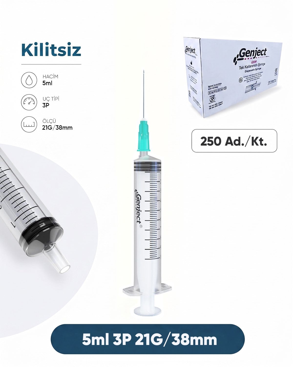 05 ml. , 3 Parçalı , 21G (0.82mm.), 38mm,Açık Yeşil İğneli Şırınga, Enjektör 250 Ad./Pkt.