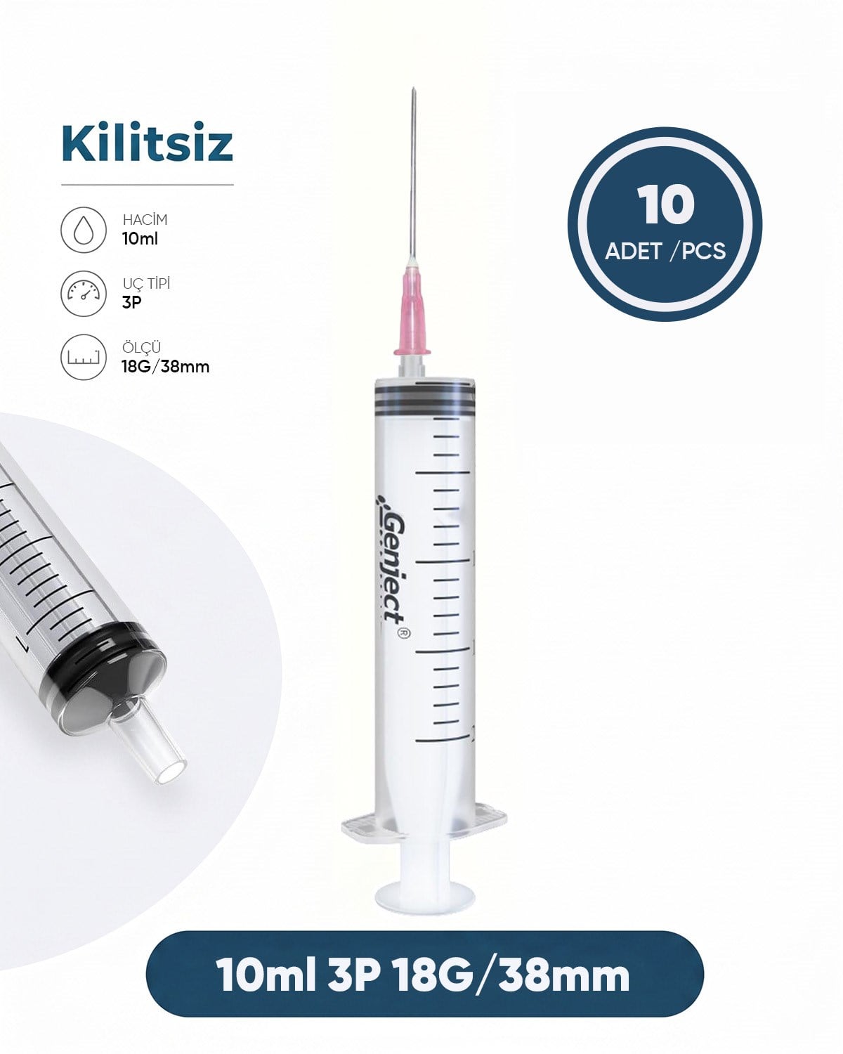 10 ml. , 3 Parçalı , 18G (1.27mm.), 38mm,Pembe İğneli Şırınga, Enjektör 10 Ad./Pkt.