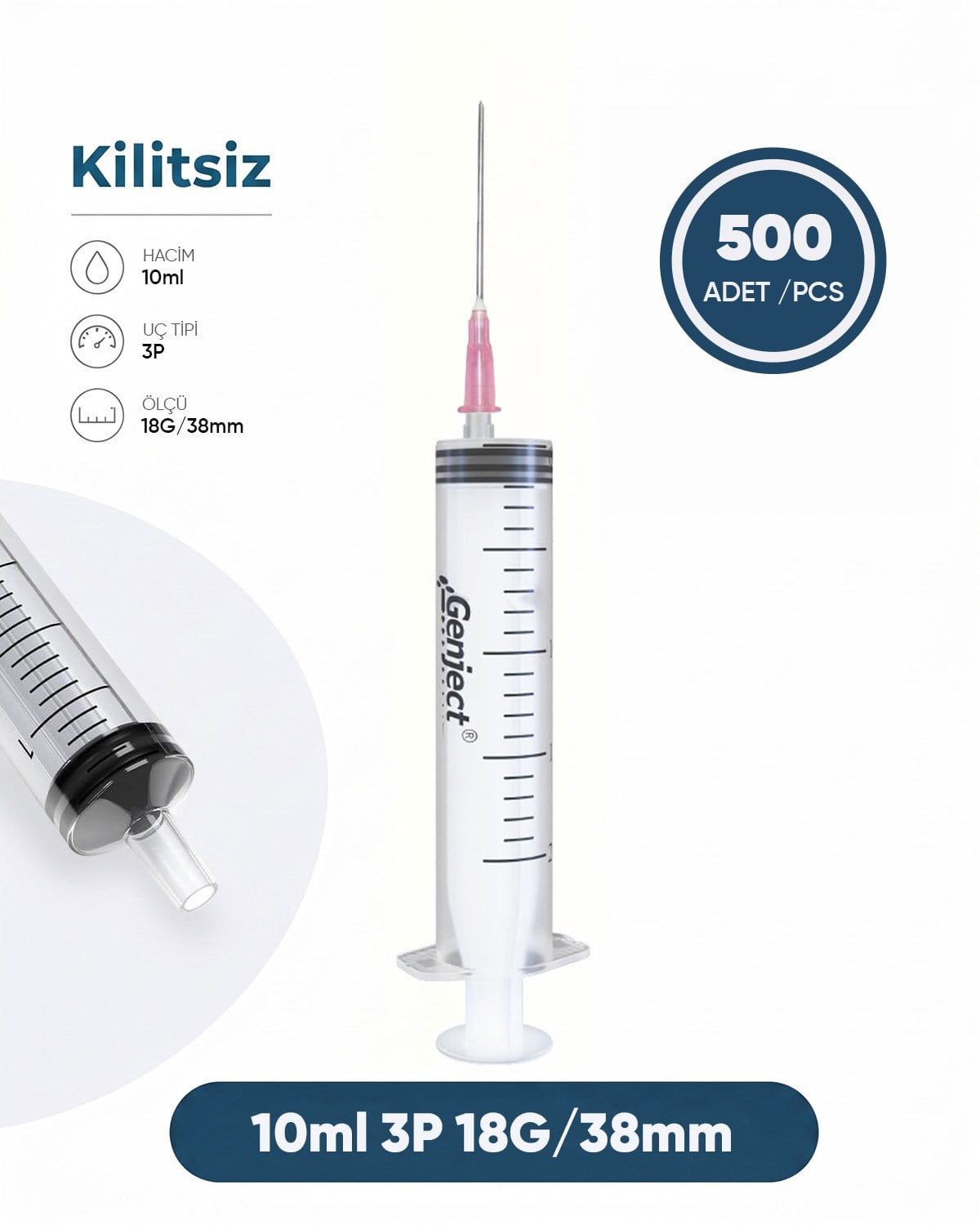 10 ml. , 3 Parçalı , 18G (1.27mm.), 38mm,Pembe İğneli Şırınga, Enjektör 500 Ad./Pkt.