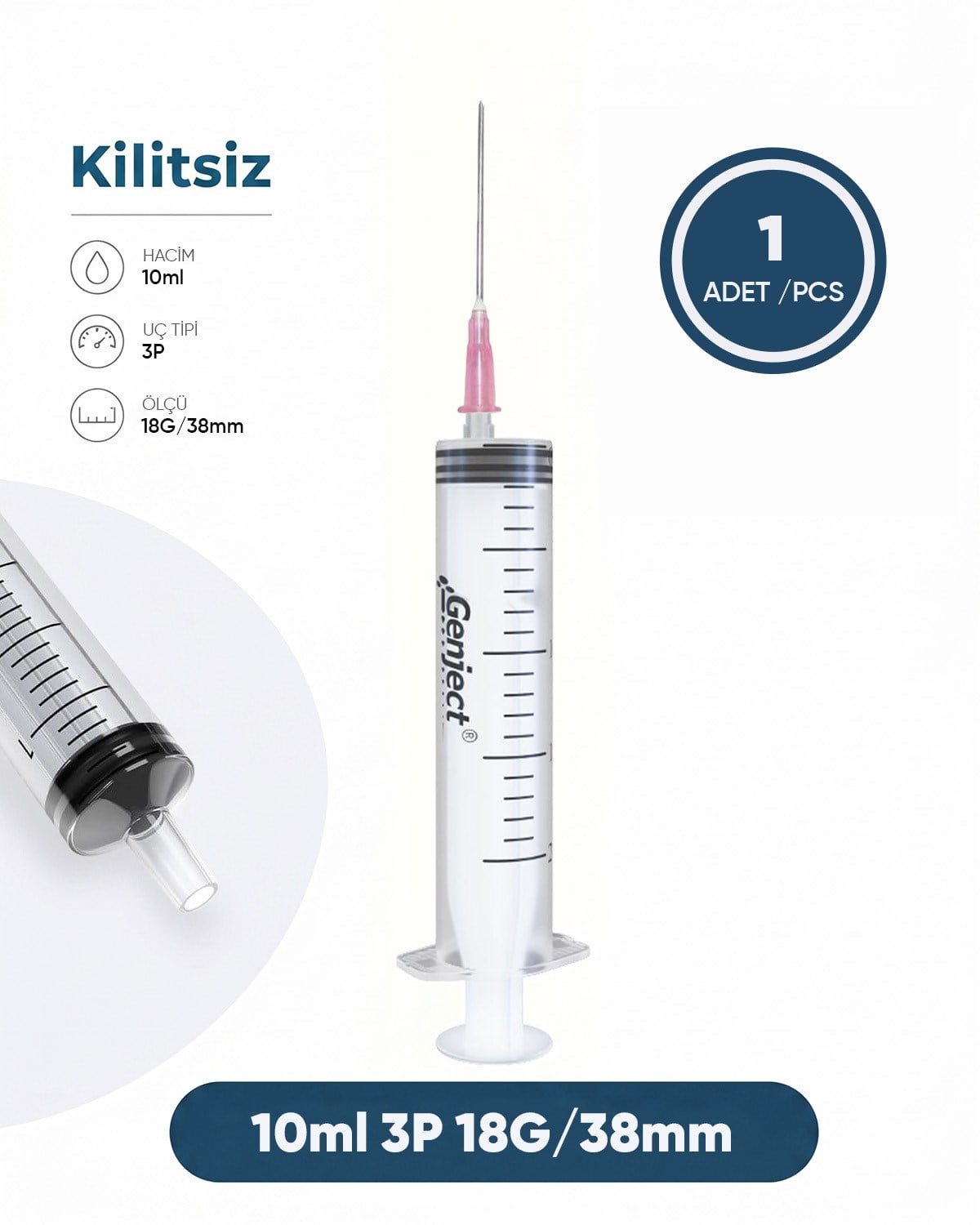 10 ml. , 3 Parçalı , 18G (1.27mm.), 38mm,Pembe İğneli Şırınga, Enjektör 1 Ad./Pkt.