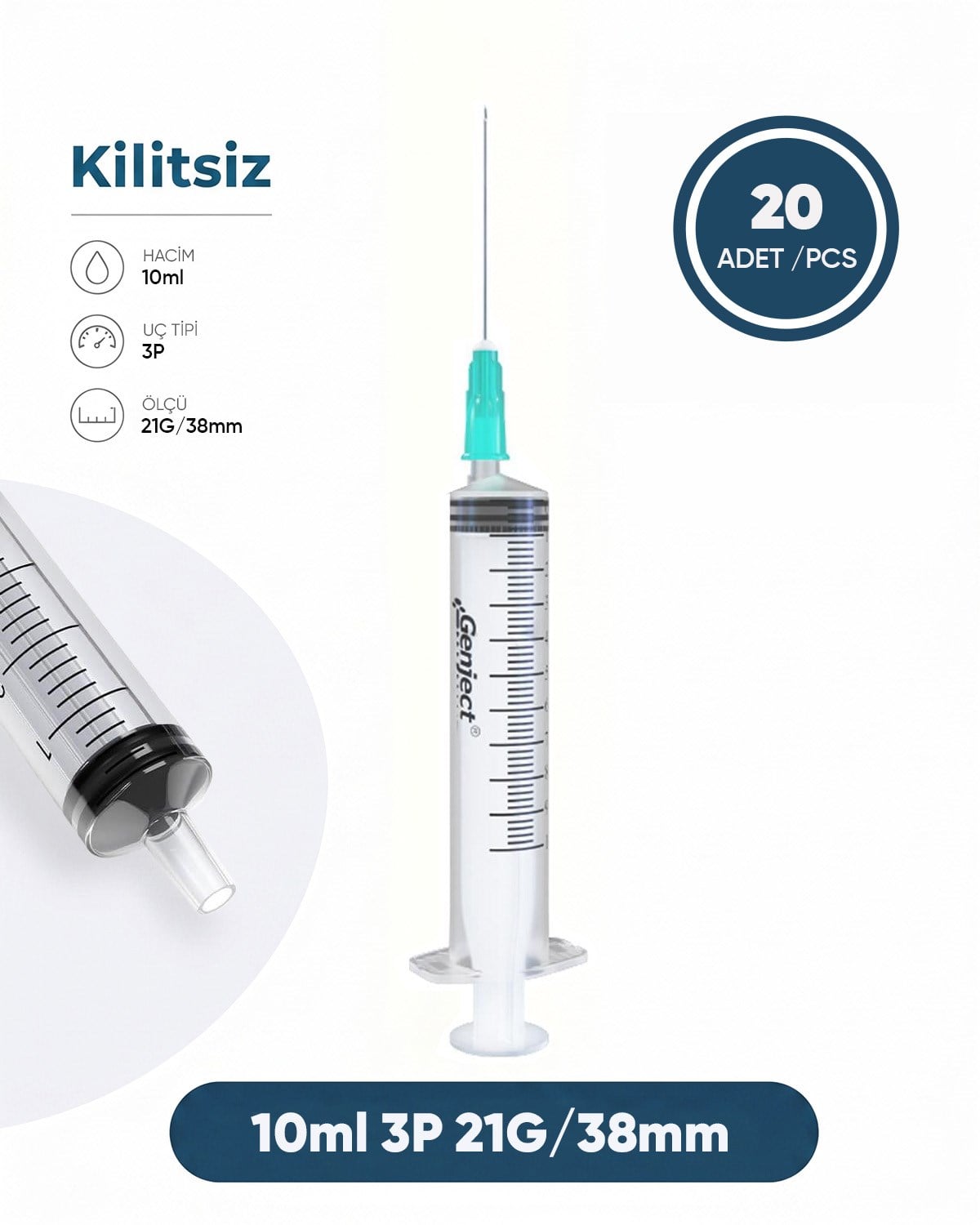 10 ml. , 3 Parçalı , 21G (0.82mm.), 38mm,Açık Yeşil İğneli Şırınga, Enjektör 20 Ad./Pkt.