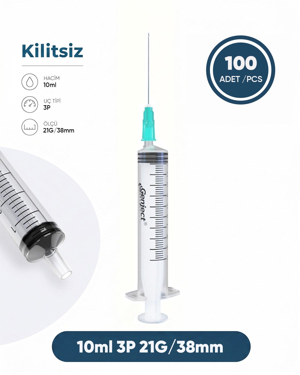 10 ml. , 3 Parçalı , 21G (0.82mm.), 38mm,Açık Yeşil İğneli Şırınga, Enjektör 100 Ad./Pkt.