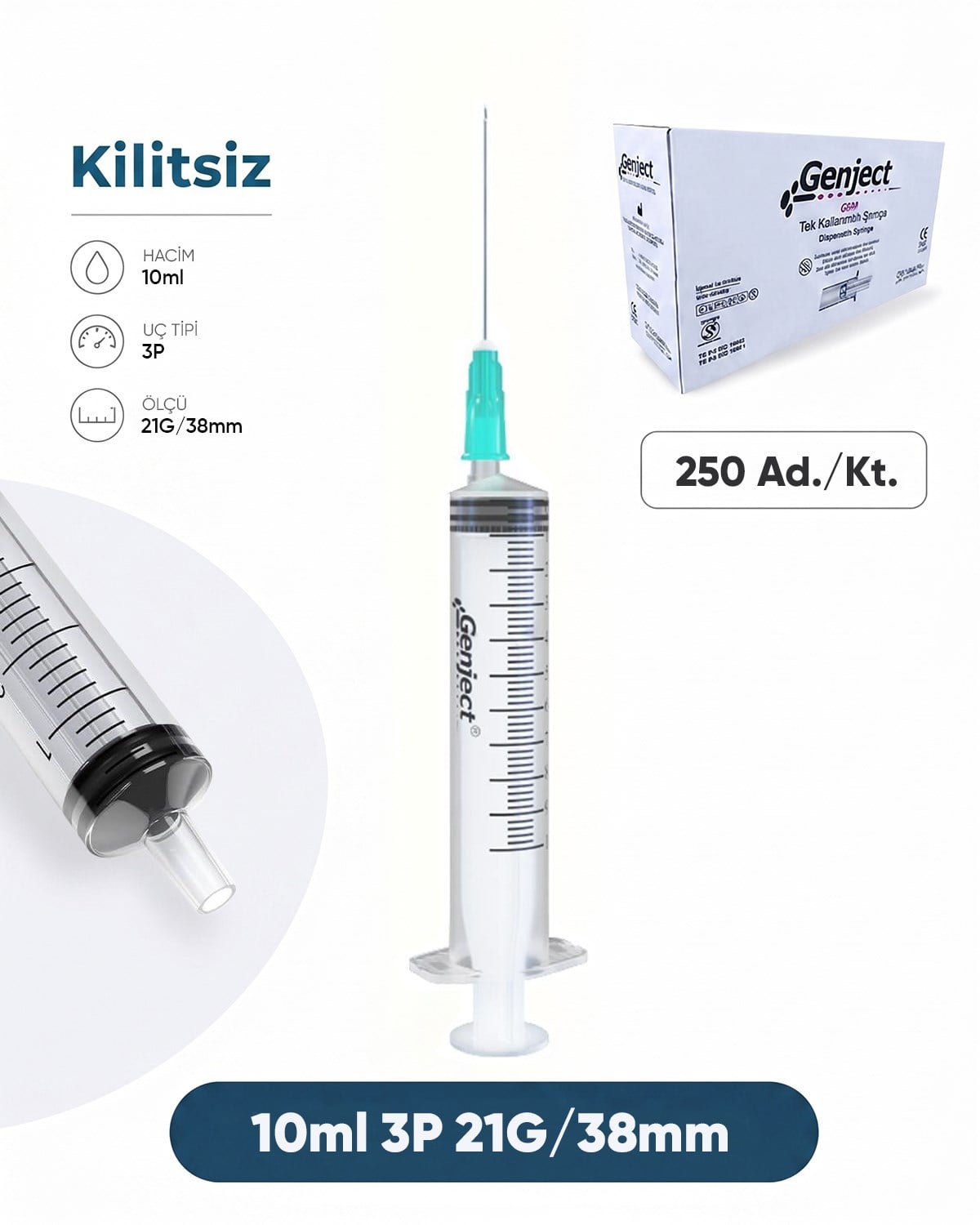 10 ml. , 3 Parçalı , 21G (0.82mm.), 38mm,Açık Yeşil İğneli Şırınga, Enjektör 250 Ad./Pkt.