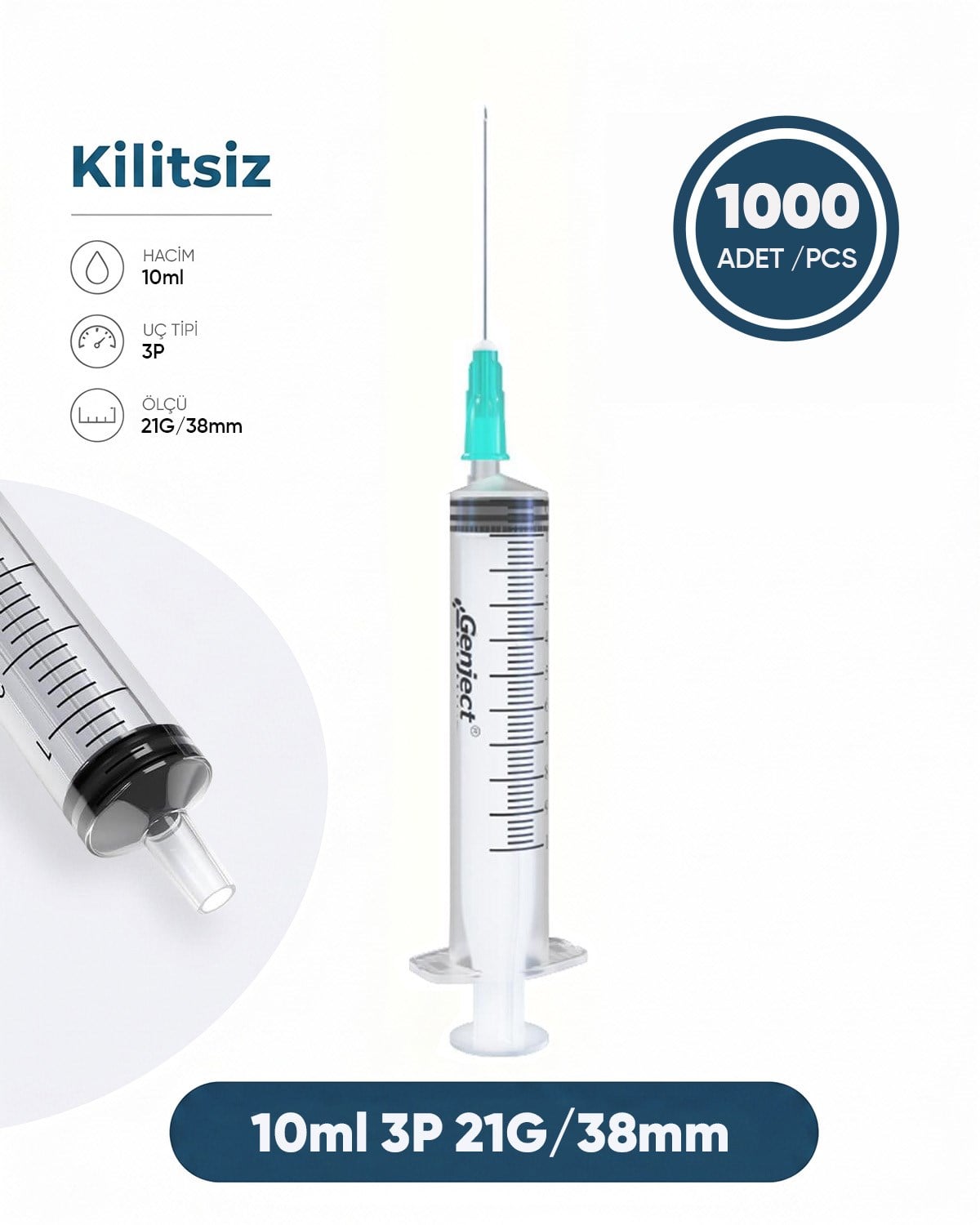 10 ml. , 3 Parçalı , 21G (0.82mm.), 38mm,Açık Yeşil İğneli Şırınga, Enjektör 1000 Ad./Pkt.