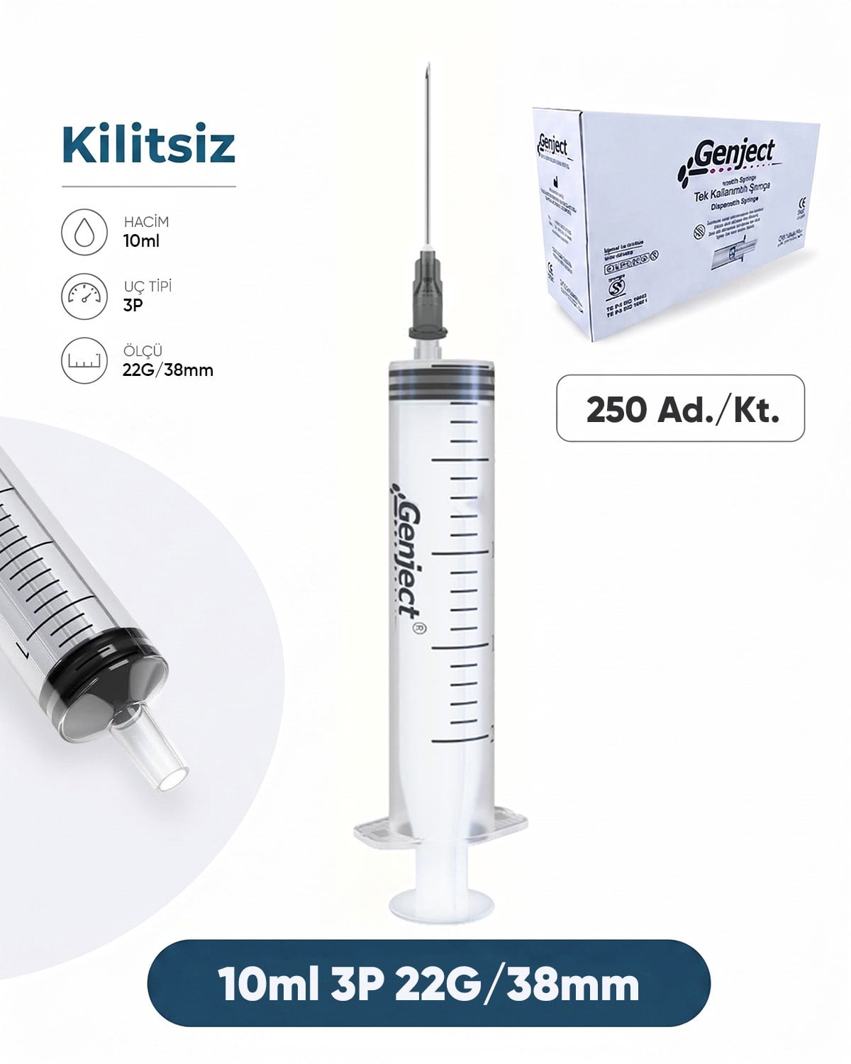 10 ml. , 3 Parçalı , 22G (0.72mm.), 38mm,Siyah İğneli Şırınga, Enjektör 250 Ad./Pkt.