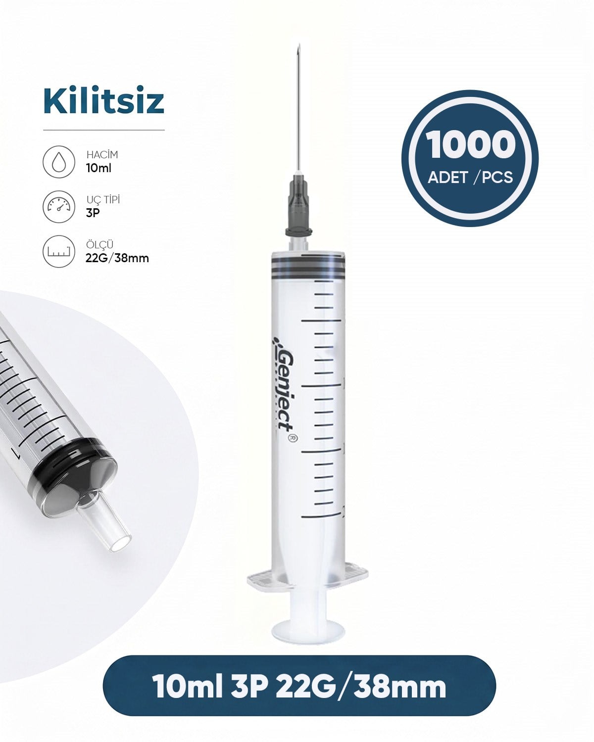 10 ml. , 3 Parçalı , 22G (0.72mm.), 38mm,Siyah İğneli Şırınga, Enjektör 1000 Ad./Pkt.