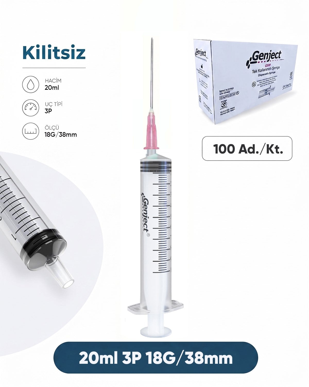 20 ml. , 3 Parçalı , 18G (1.27mm.), 38mm,Pembe İğneli Şırınga, Enjektör 100 Ad./Pkt.