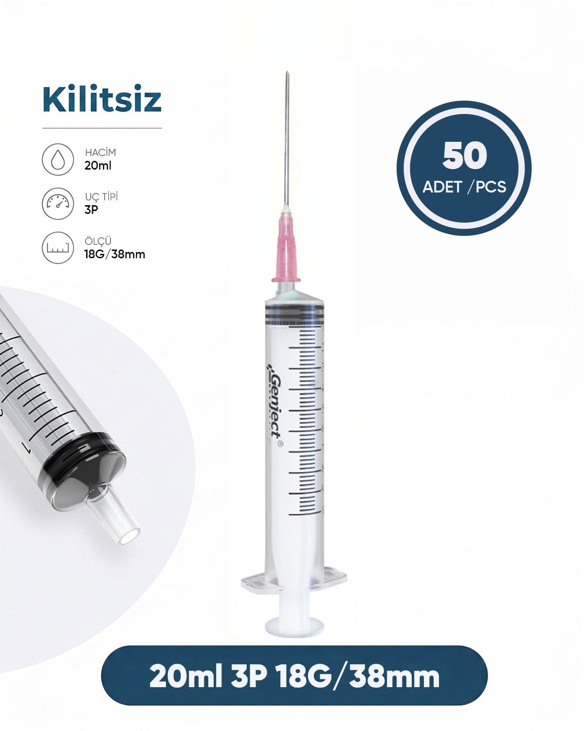 20 ml. , 3 Parçalı , 18G (1.27mm.), 38mm,Pembe İğneli Şırınga, Enjektör 50 Ad./Pkt.