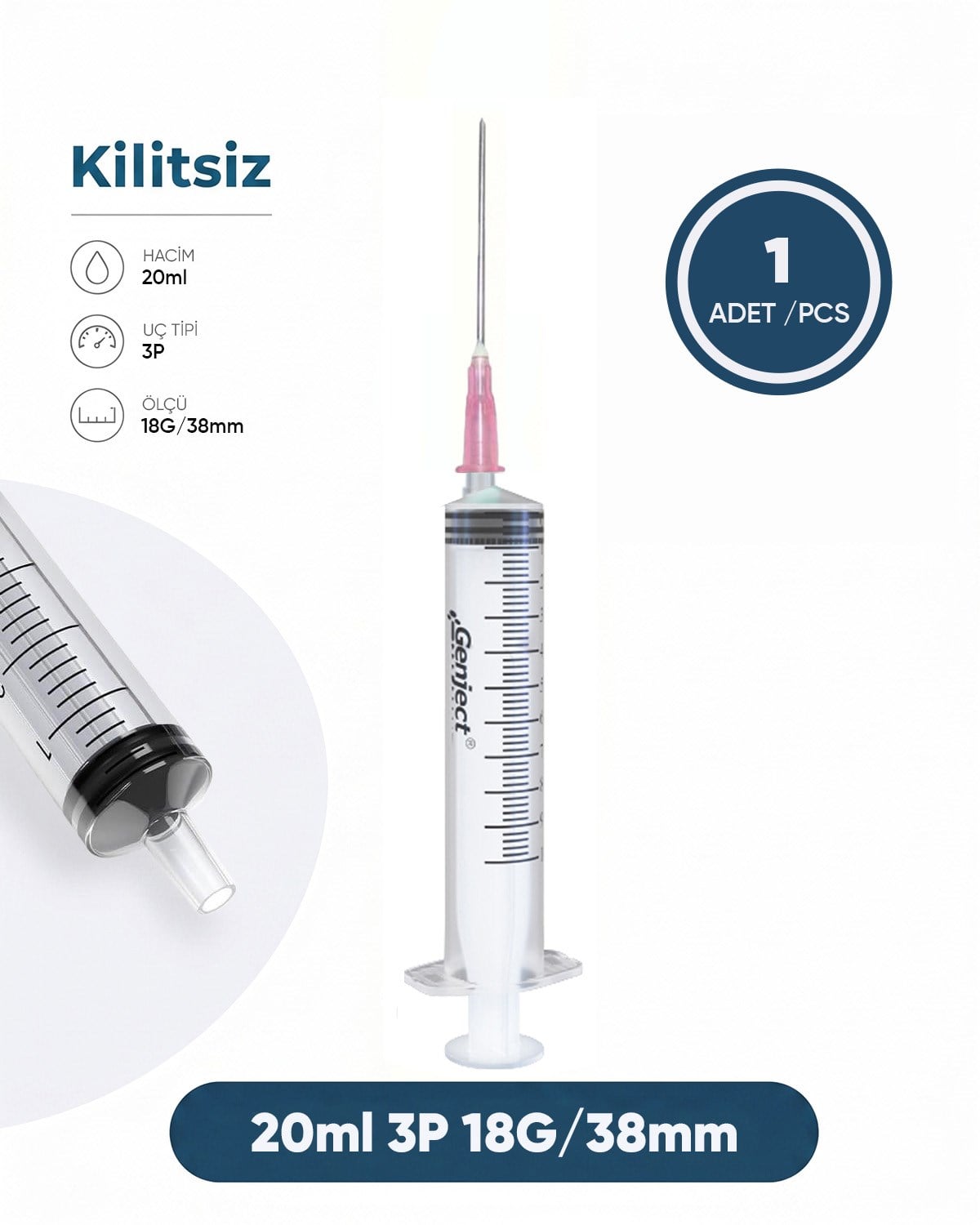 20 ml. , 3 Parçalı , 18G (1.27mm.), 38mm,Pembe İğneli Şırınga, Enjektör 1 Ad./Pkt.