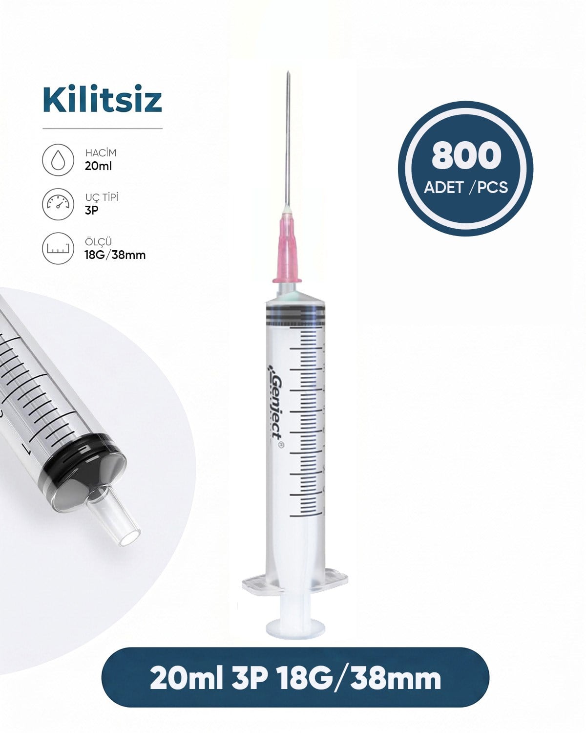 20 ml. , 3 Parçalı , 18G (1.27mm.), 38mm,Pembe İğneli Şırınga, Enjektör 800  Ad./Pkt.