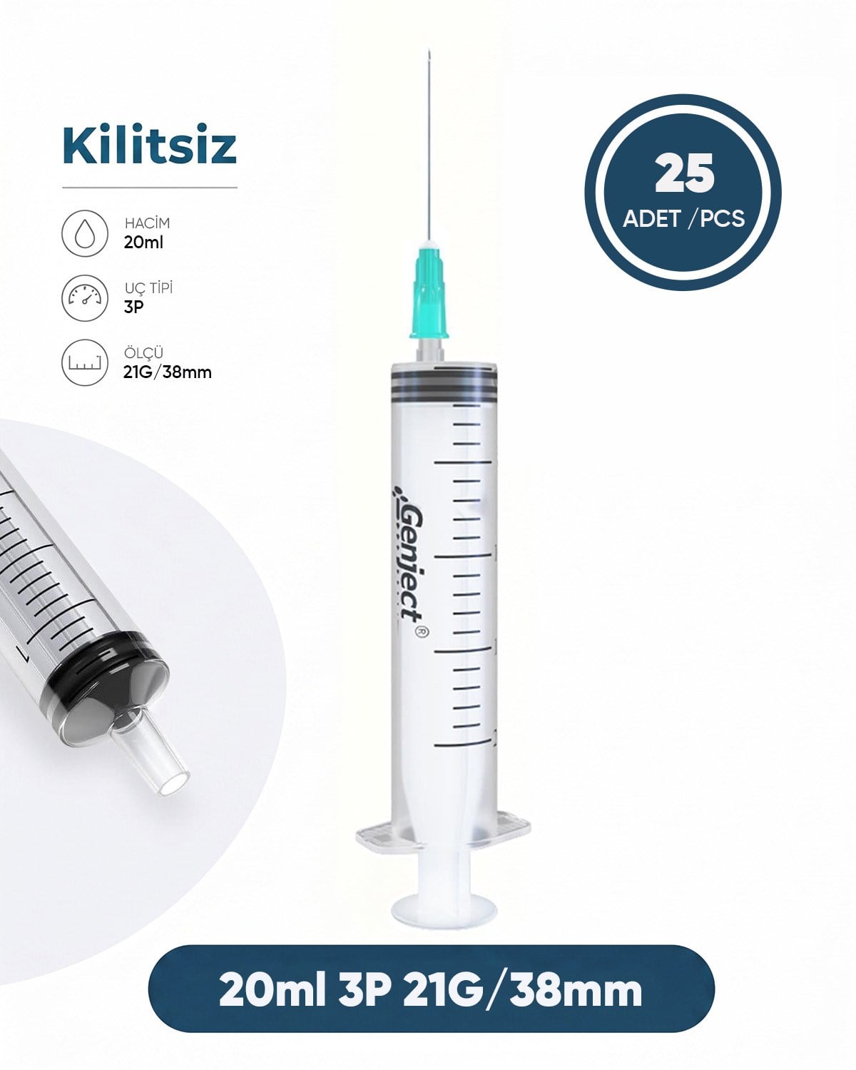 20 ml. , 3 Parçalı , 21G (0.82mm.), 38mm,Açık Yeşil İğneli Şırınga, Enjektör 25 Ad./Pkt.