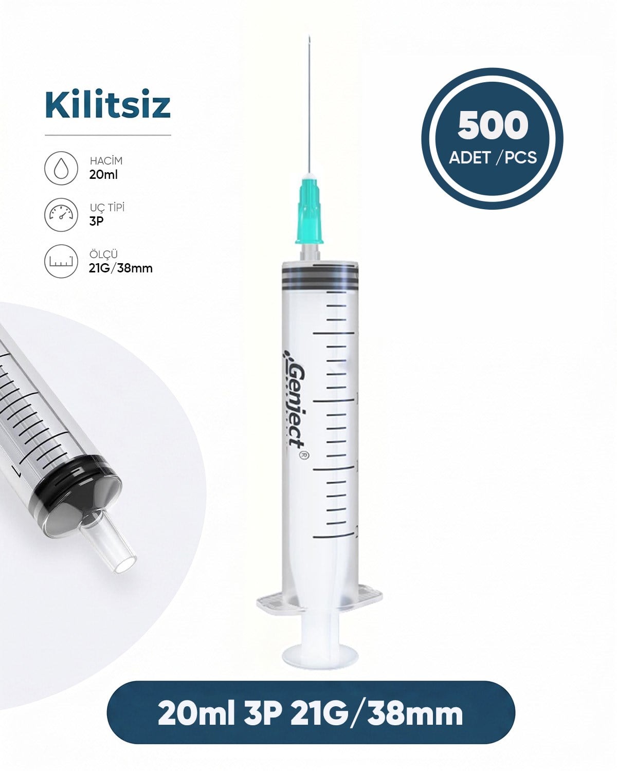 20 ml. , 3 Parçalı , 21G (0.82mm.), 38mm,Açık Yeşil İğneli Şırınga, Enjektör 500 Ad./Pkt.