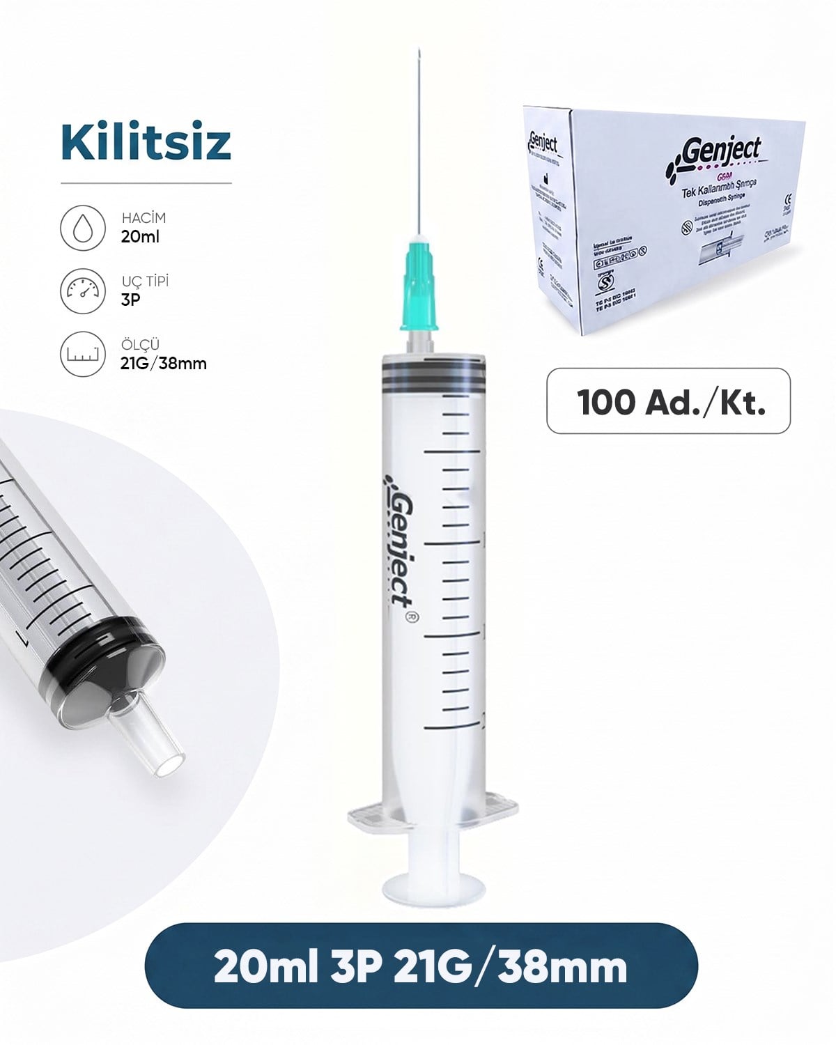 20 ml. , 3 Parçalı , 21G (0.82mm.), 38mm,Açık Yeşil İğneli Şırınga, Enjektör 100 Ad./Pkt.