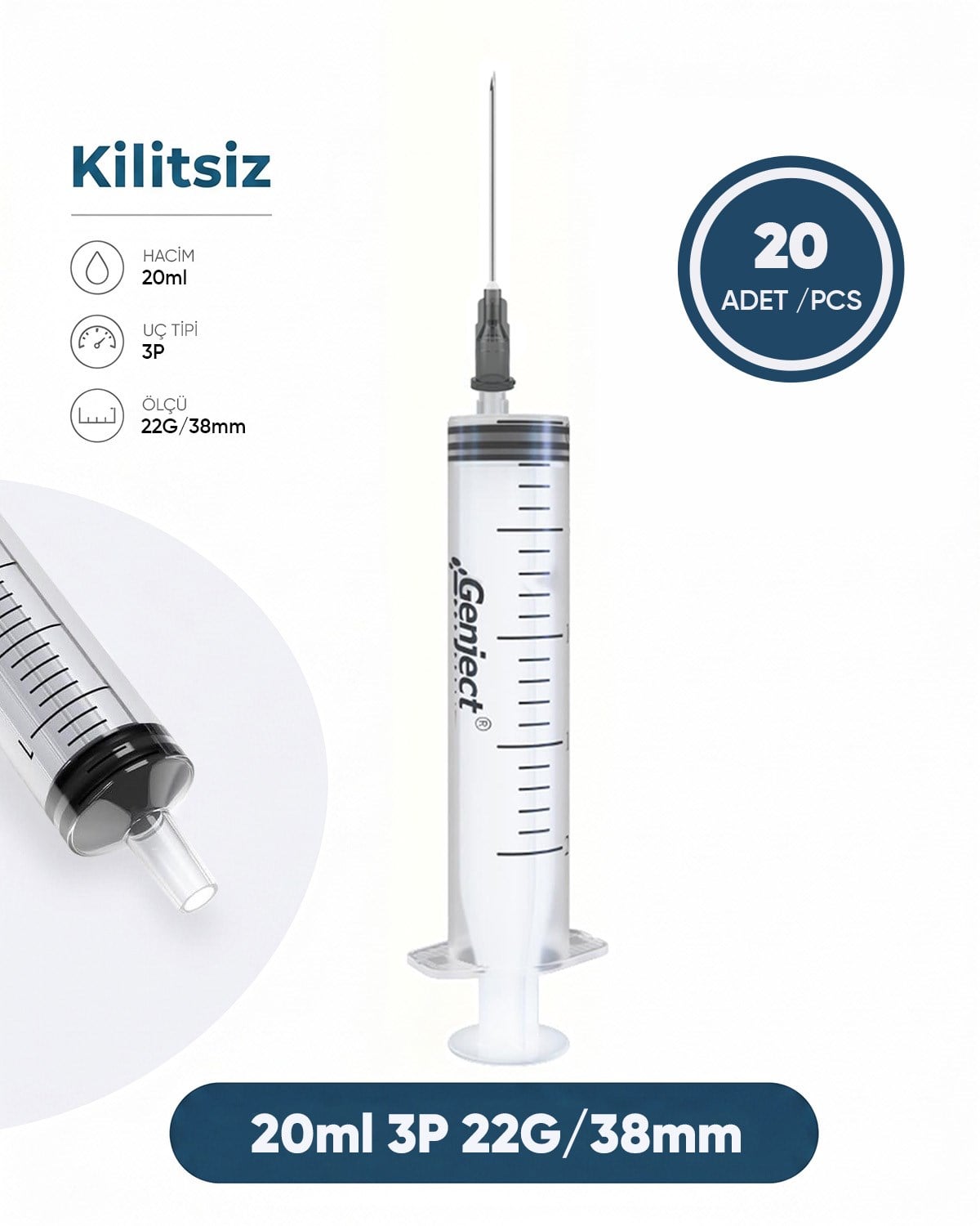 20 ml. , 3 Parçalı , 22G (0.72mm.), 38mm,Siyah İğneli Şırınga, Enjektör 20 Ad./Pkt.