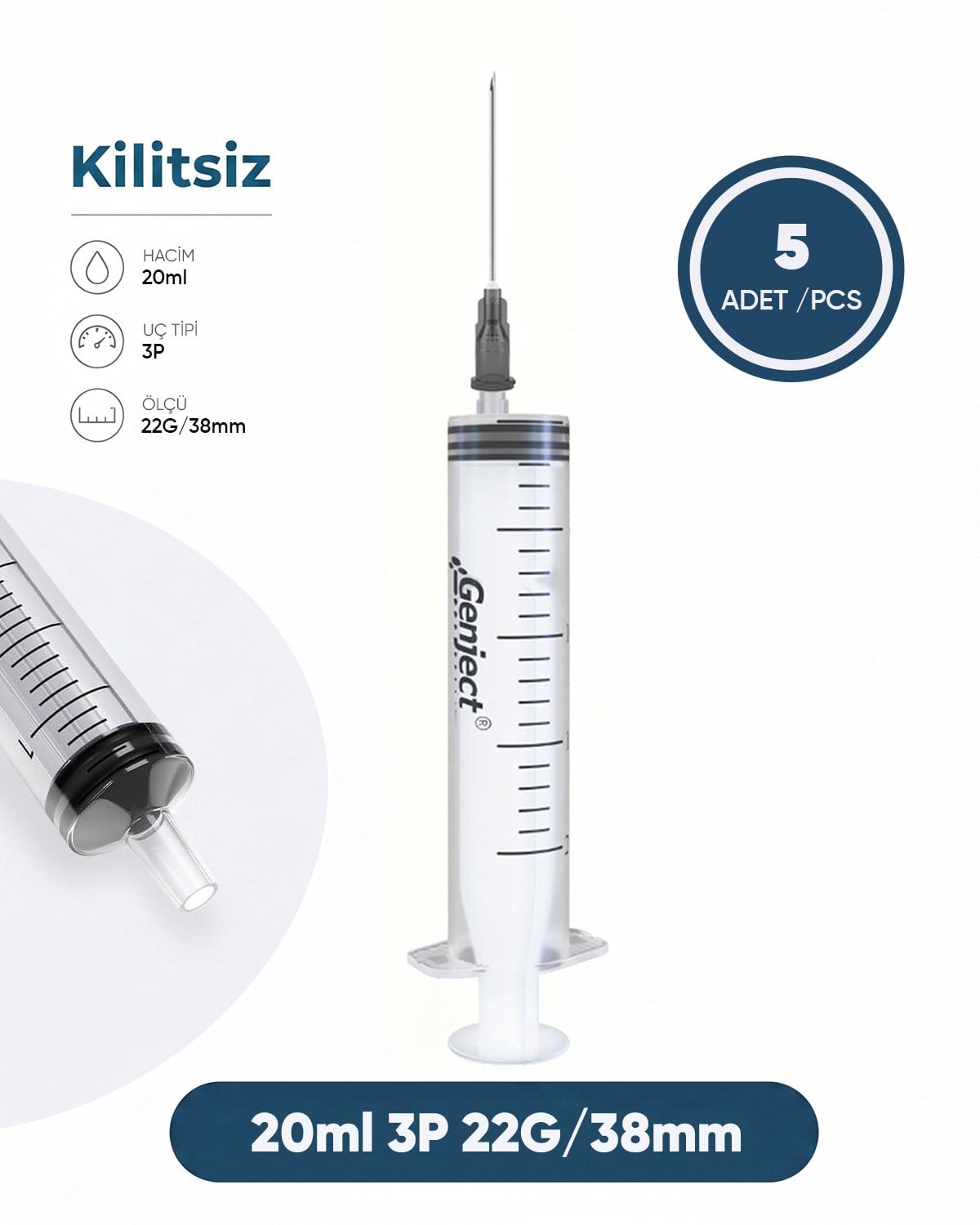 20 ml. , 3 Parçalı , 22G (0.72mm.), 38mm,Siyah İğneli Şırınga, Enjektör 5 Ad./Pkt.