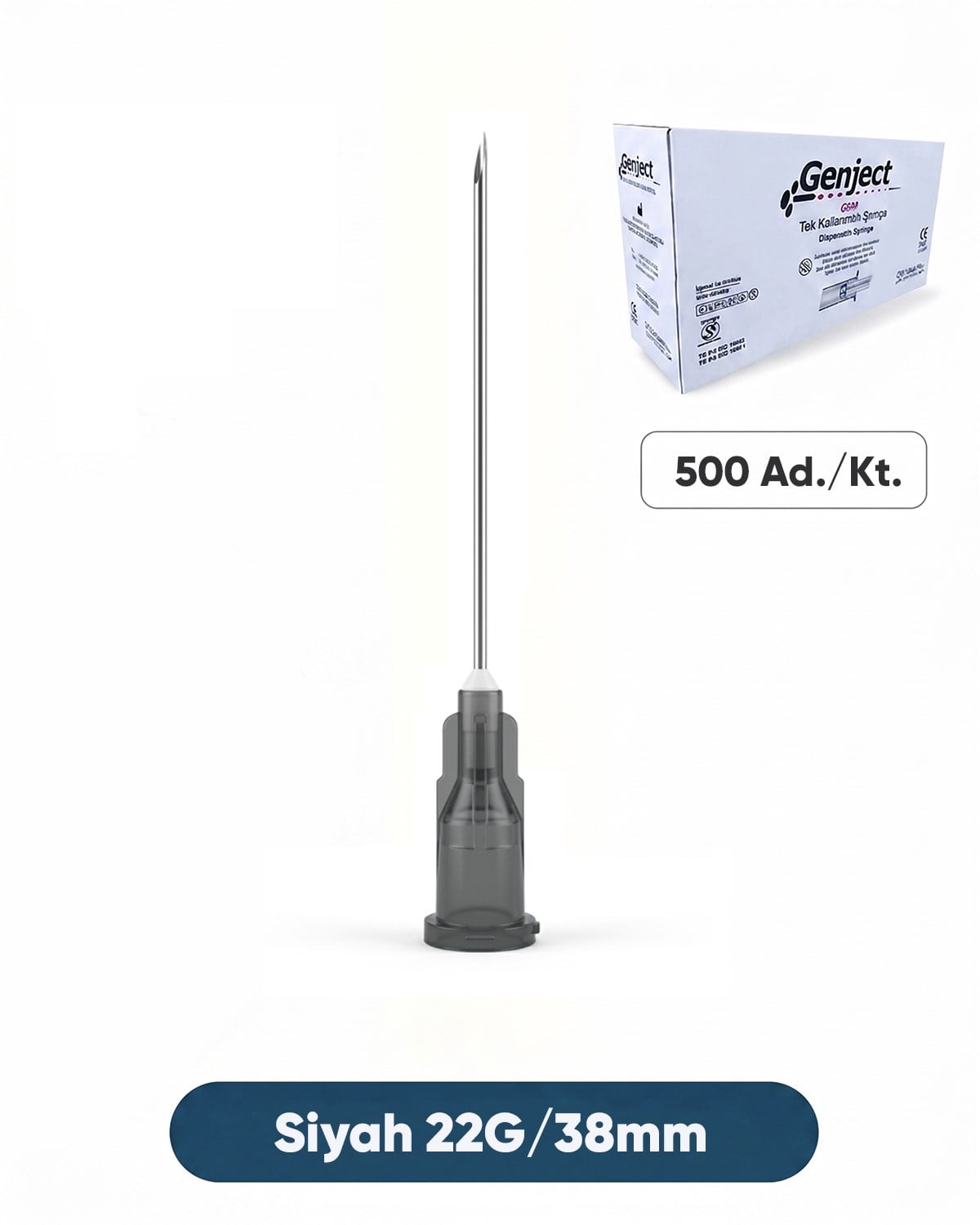 22G (0.82mm.), 38mm,Siyah Enjektör İğnesi 500 Ad./Pkt.