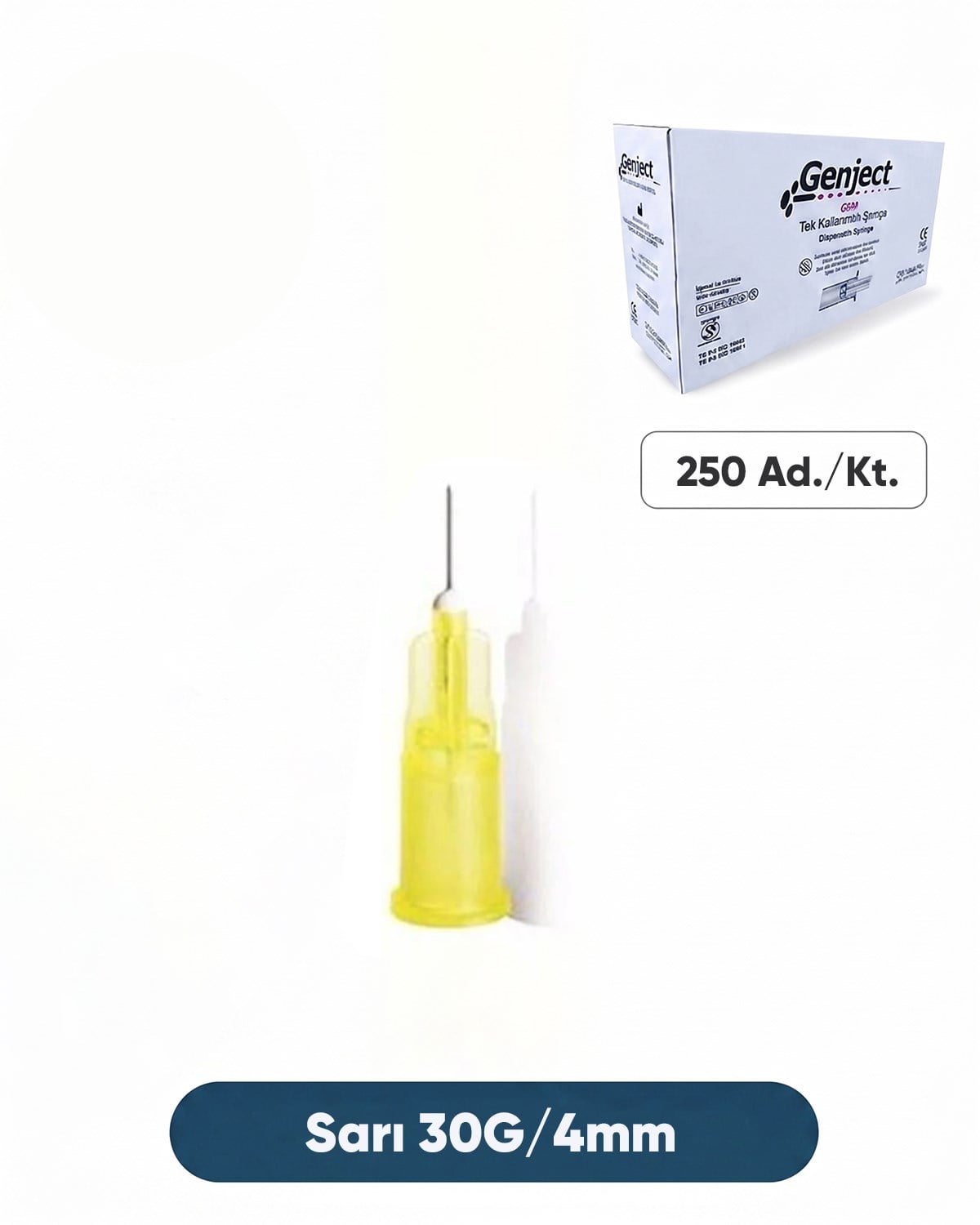 30G (0.82mm.), 4mm,Sarı Enjektör İğnesi 250 Ad./Pkt.
