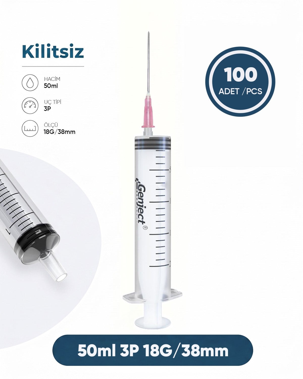 50 ml. , 3 Parçalı , 18G (1.27mm.), 38mm,Pembe İğneli Şırınga, Enjektör 100 Ad./Pkt.