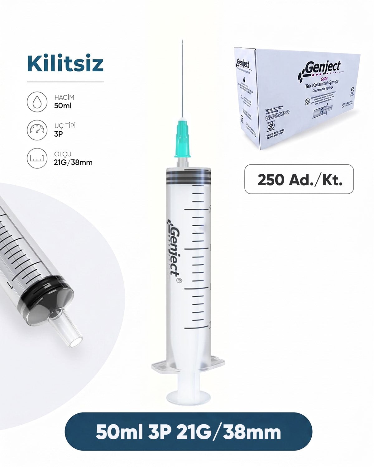 50 ml. , 3 Parçalı , 21G (0.82mm.), 38mm,Açık Yeşil İğneli Şırınga, Enjektör 250 Ad./Pkt.