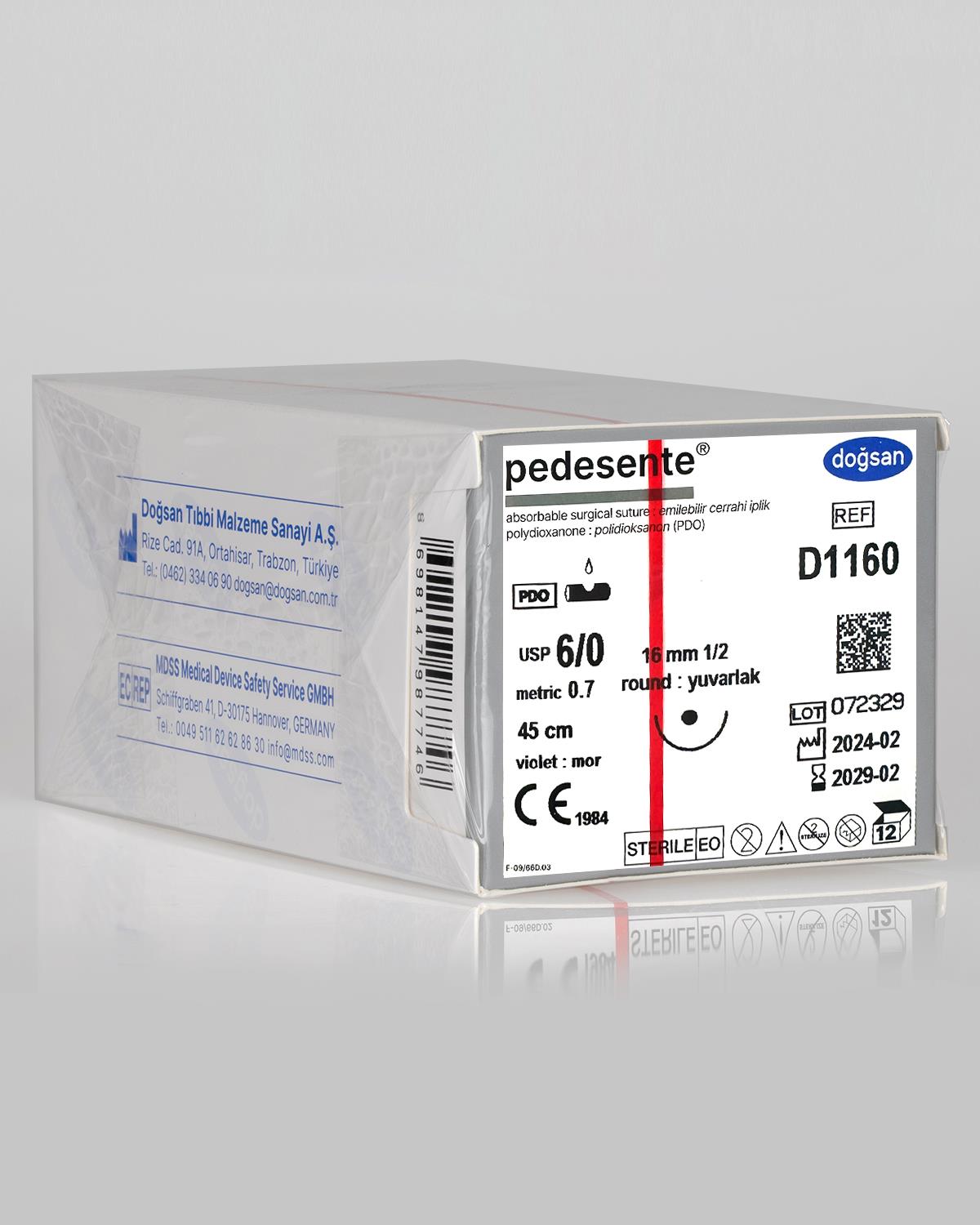 D1160 DOĞSAN Pedesente 6/0 16 1/2 Yuvarlak (●) 75cm PDO Emilebilir Sütür 12 Ad./Pkt