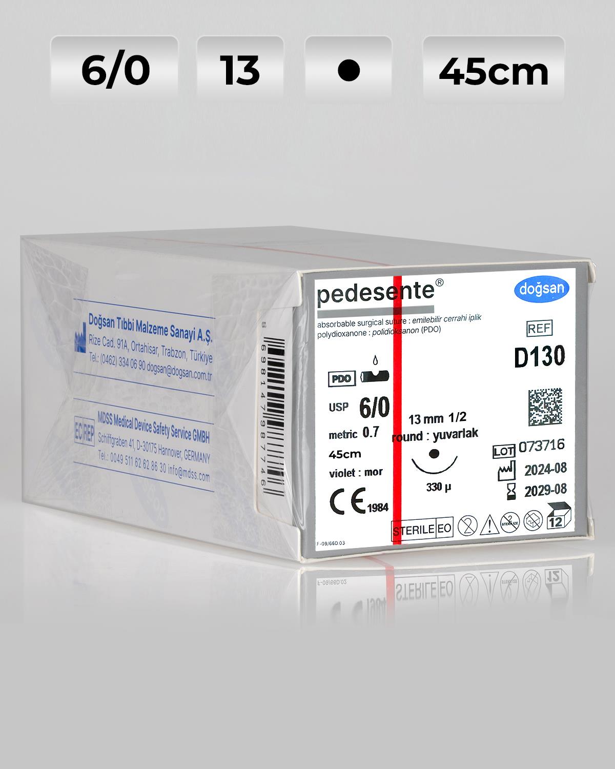 D130 DOĞSAN Pedesente 6/0 13 3/8 Yuvarlak (●),çift 75cm PDO Emilebilir Sütür 12 Ad./Pkt