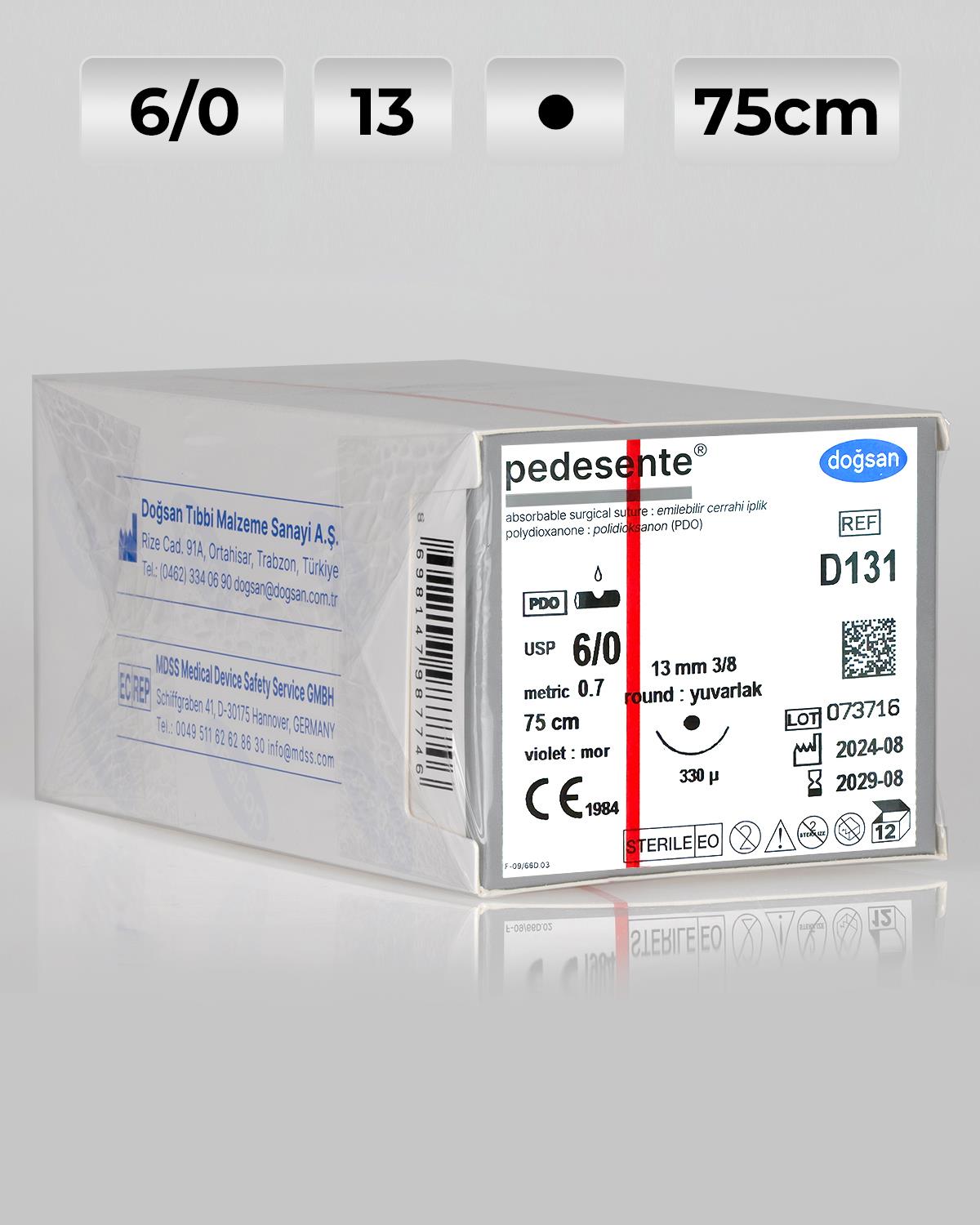 D131 DOĞSAN Pedesente 6/0 13 3/8 Yuvarlak (●),çift 75cm PDO Emilebilir Sütür 12 Ad./Pkt