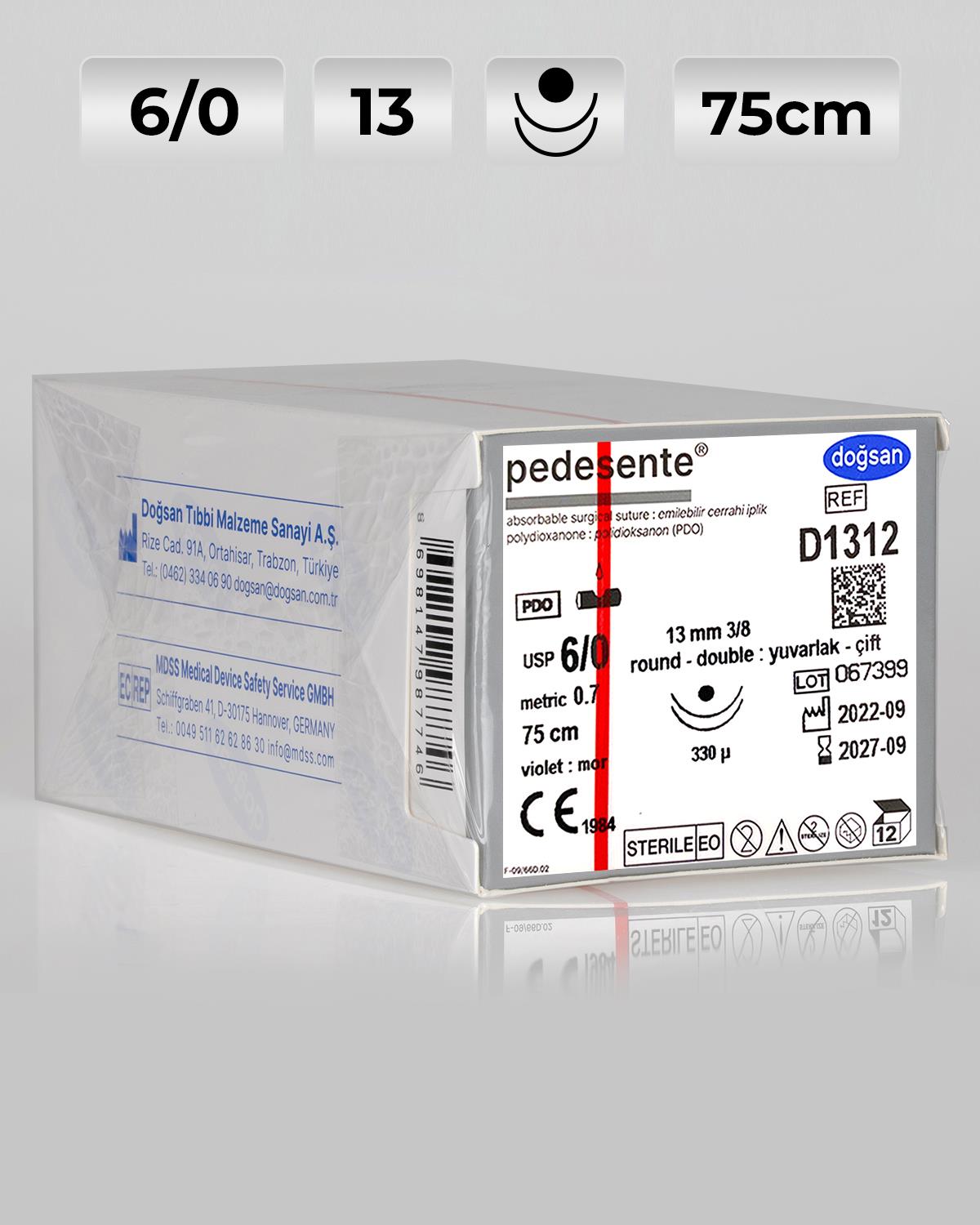 D1312 DOĞSAN Pedesente 6/0 13 3/8 Yuvarlak (●),çift 75cm PDO Emilebilir Sütür 12 Ad./Pkt