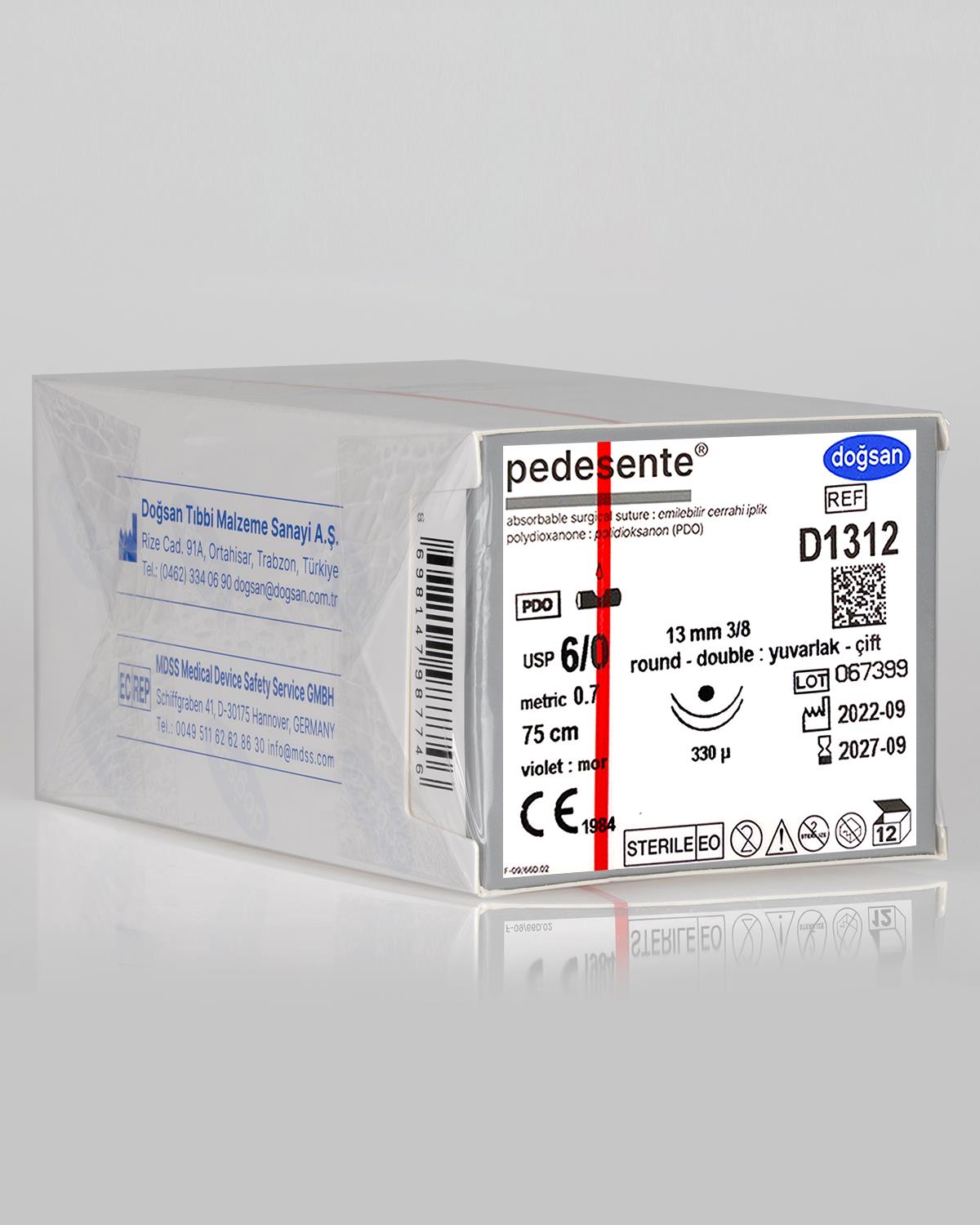 D1312 DOĞSAN Pedesente 6/0 13 3/8 Yuvarlak (●),çift 75cm PDO Emilebilir Sütür 12 Ad./Pkt