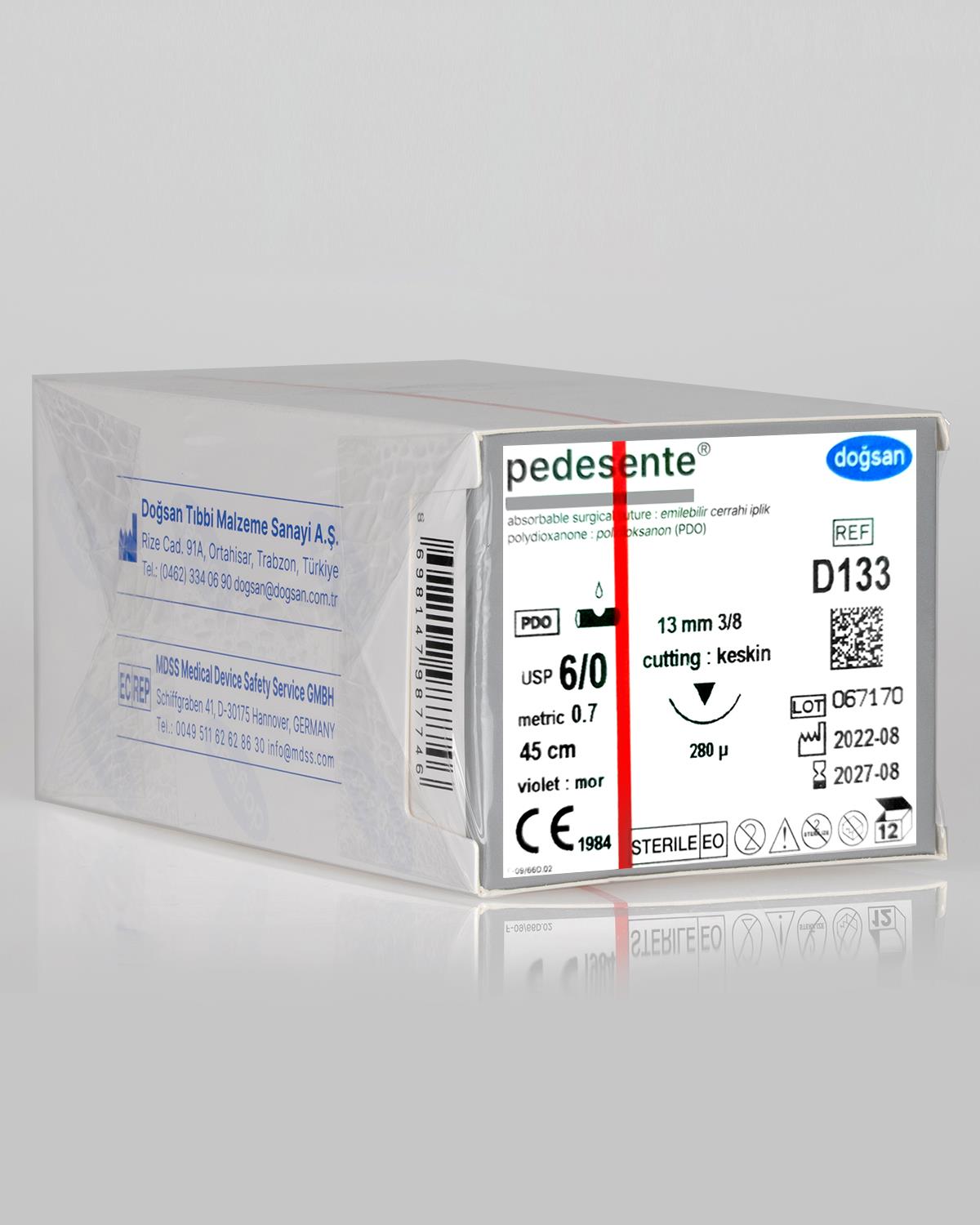 D133 DOĞSAN Pedesente 6/0 13 3/8 Keskin (▼) 45cm PDO Emilebilir Sütür 12 Ad./Pkt