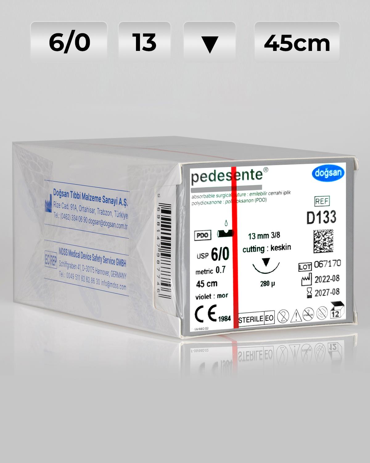 D133 DOĞSAN Pedesente 6/0 13 3/8 Keskin (▼) 45cm PDO Emilebilir Sütür 12 Ad./Pkt