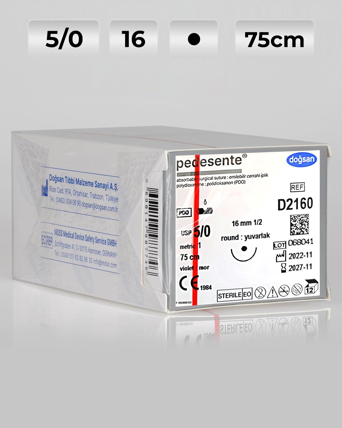 D2160 DOĞSAN Pedesente 5/0 16 1/2 Yuvarlak (●) 75cm PDO Emilebilir Sütür 12 Ad./Pkt