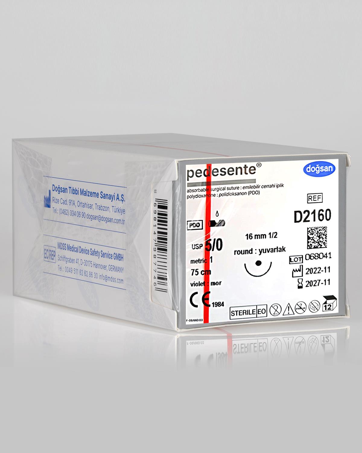 D2160 DOĞSAN Pedesente 5/0 16 1/2 Yuvarlak (●) 75cm PDO Emilebilir Sütür 12 Ad./Pkt