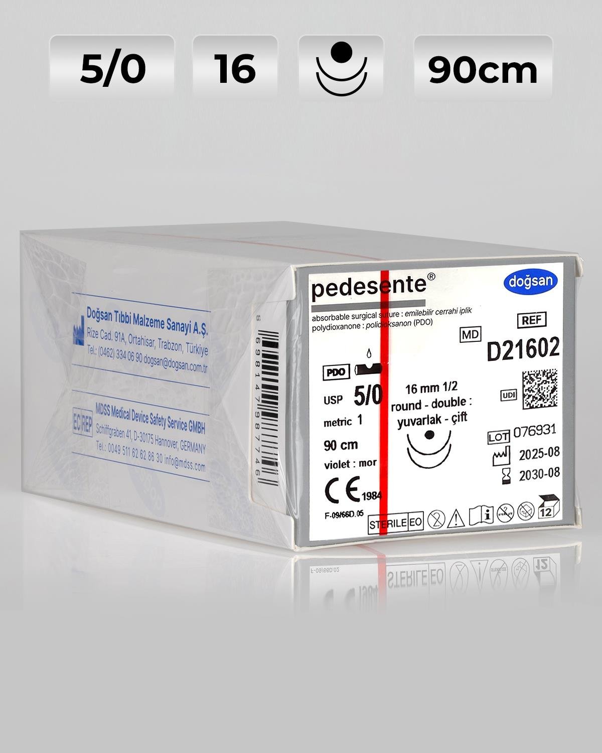 D21602 DOĞSAN Pedesente 5/0 16 1/2 Yuvarlak (●),çift 90cm PDO Emilebilir Sütür 12 Ad./Pkt