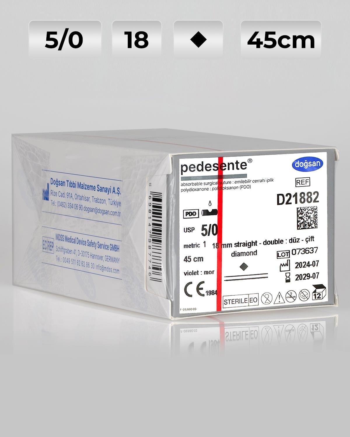 D21882 DOĞSAN Pedesente 5/0 18 1 Diamond 45cm PDO Emilebilir Sütür 12 Ad./Pkt