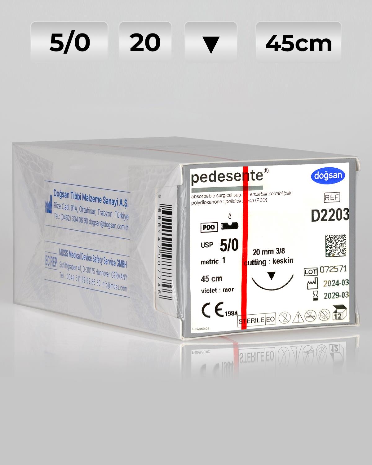 D2203 DOĞSAN Pedesente 5/0 20 3/8 Keskin (▼) 45cm PDO Emilebilir Sütür 12 Ad./Pkt