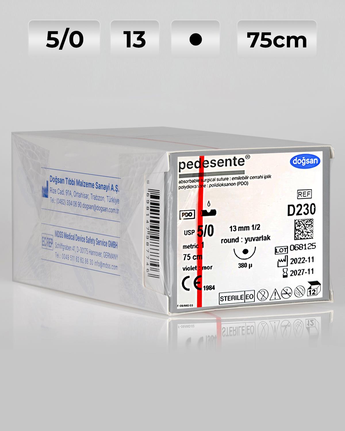D230 DOĞSAN Pedesente 5/0 13 1/2 Yuvarlak (●),çift 75cm PDO Emilebilir Sütür