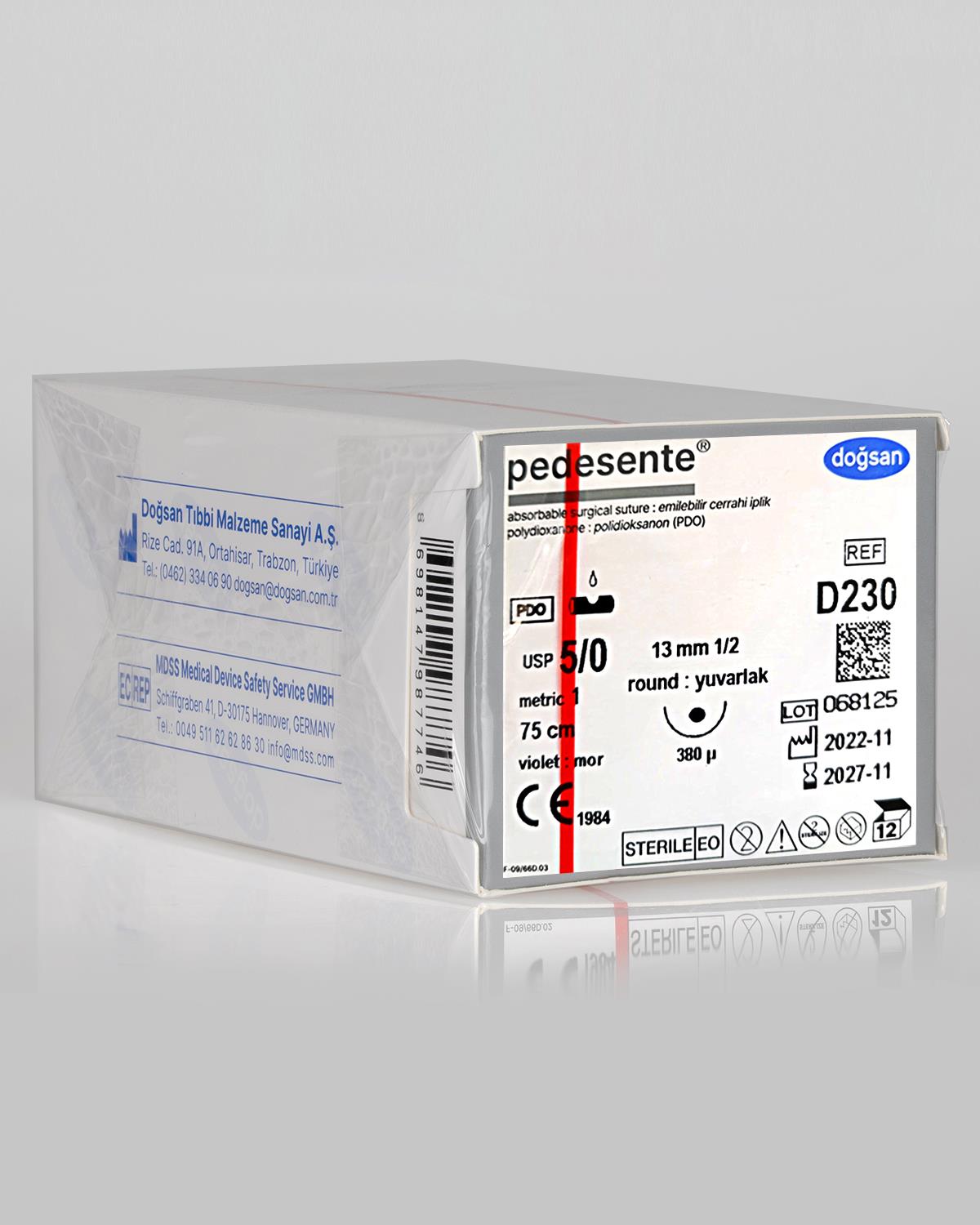 D230 DOĞSAN Pedesente 5/0 13 1/2 Yuvarlak (●),çift 75cm PDO Emilebilir Sütür