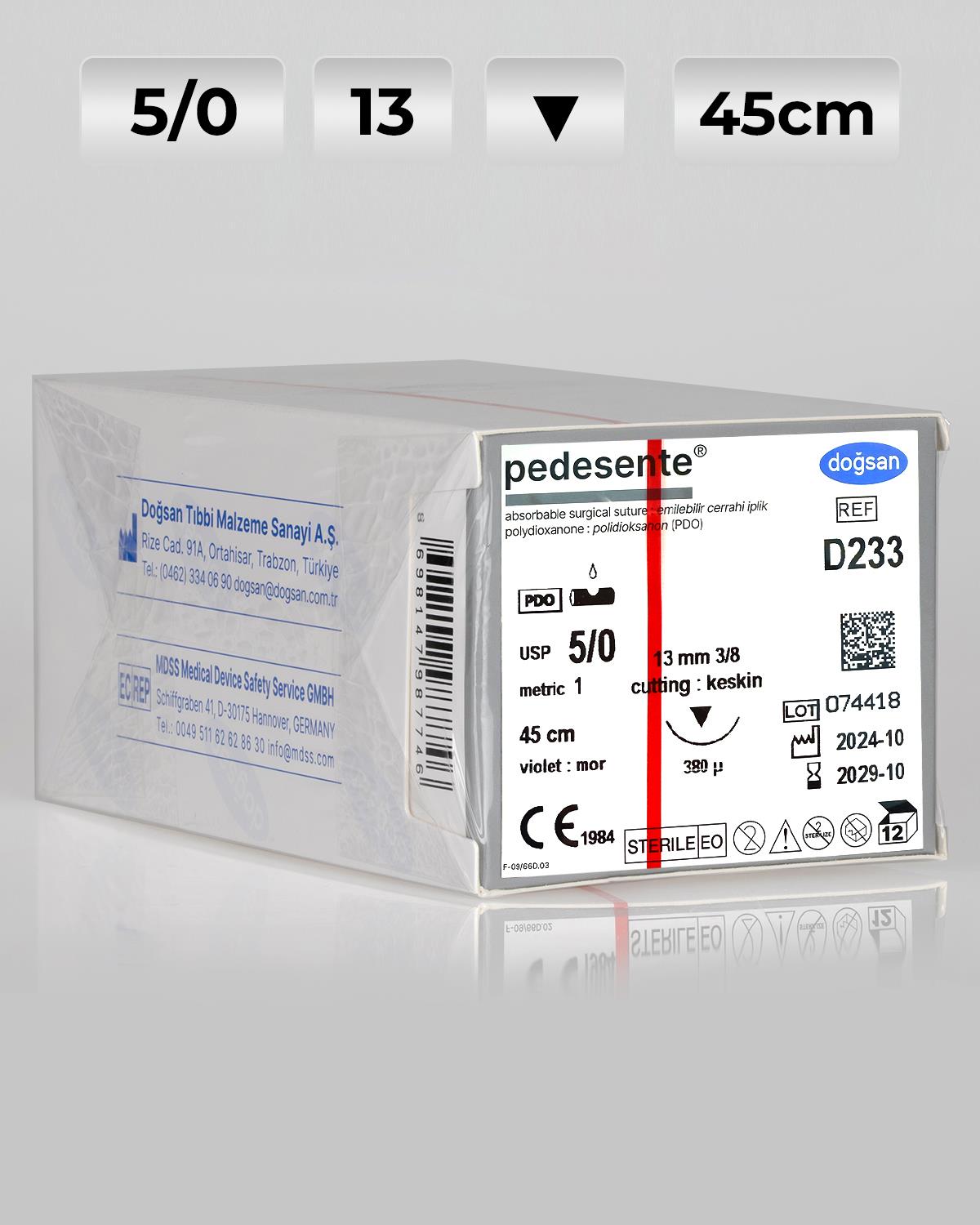 D233 DOĞSAN Pedesente 5/0 13 3/8 Keskin (▼) 75cm PDO Emilebilir Sütür