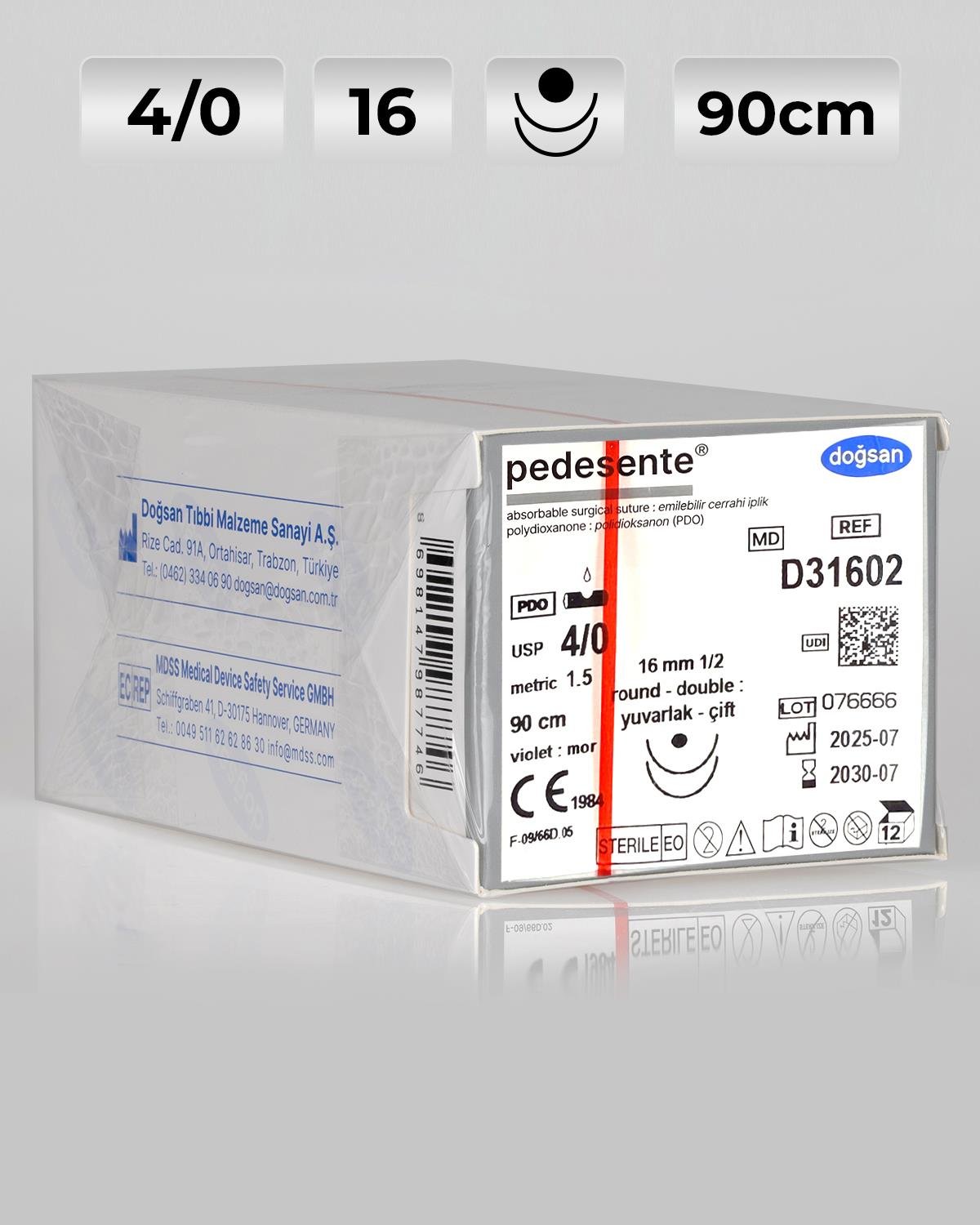 D31602 DOĞSAN Pedesente 4/0 16 1/2 Yuvarlak (●),çift 90cm PDO Emilebilir Sütür 12 Ad./Pkt