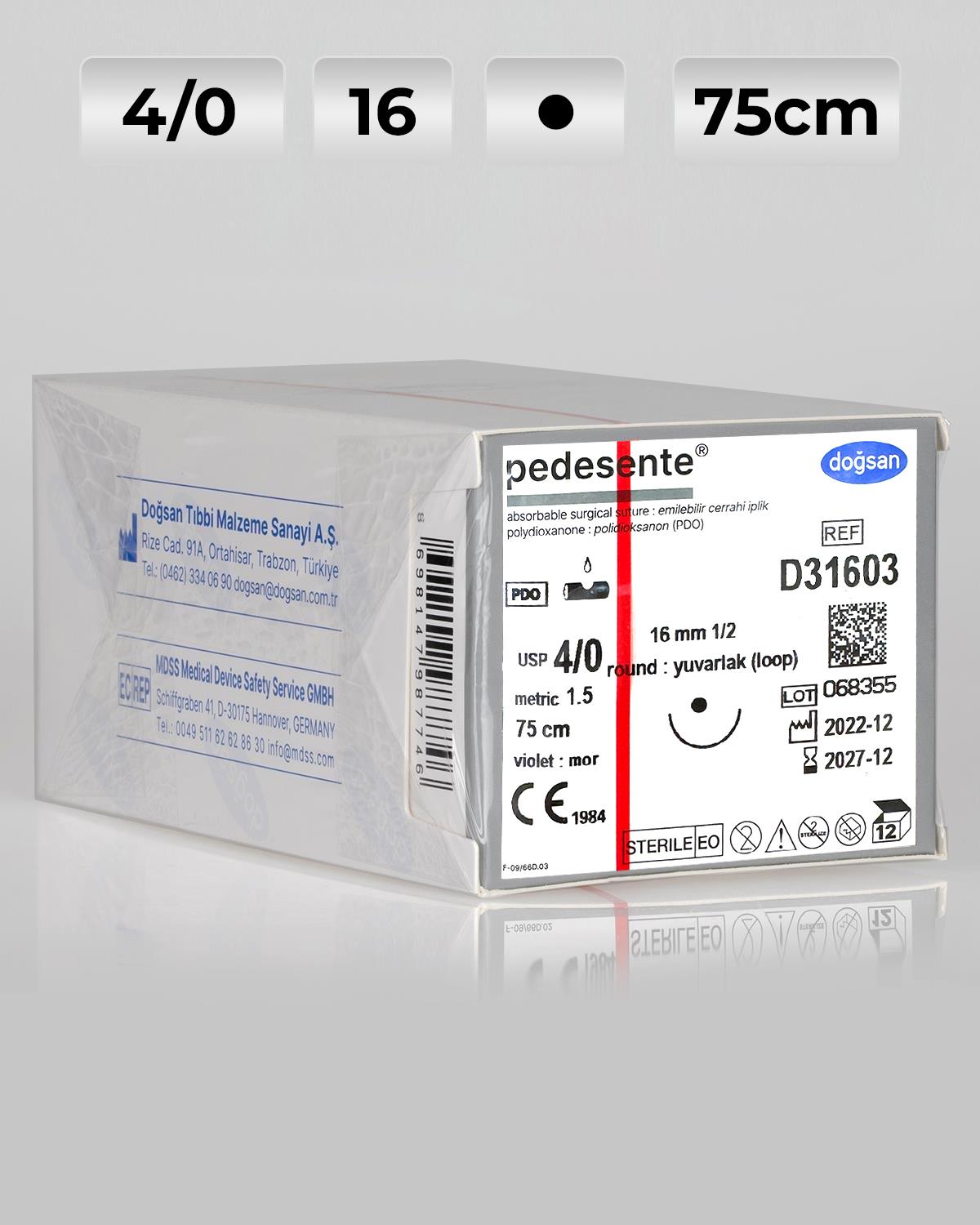 D31603 DOĞSAN Pedesente 4/0 16 3/8 Keskin (▼) 75cm PDO Emilebilir Sütür 12 Ad./Pkt