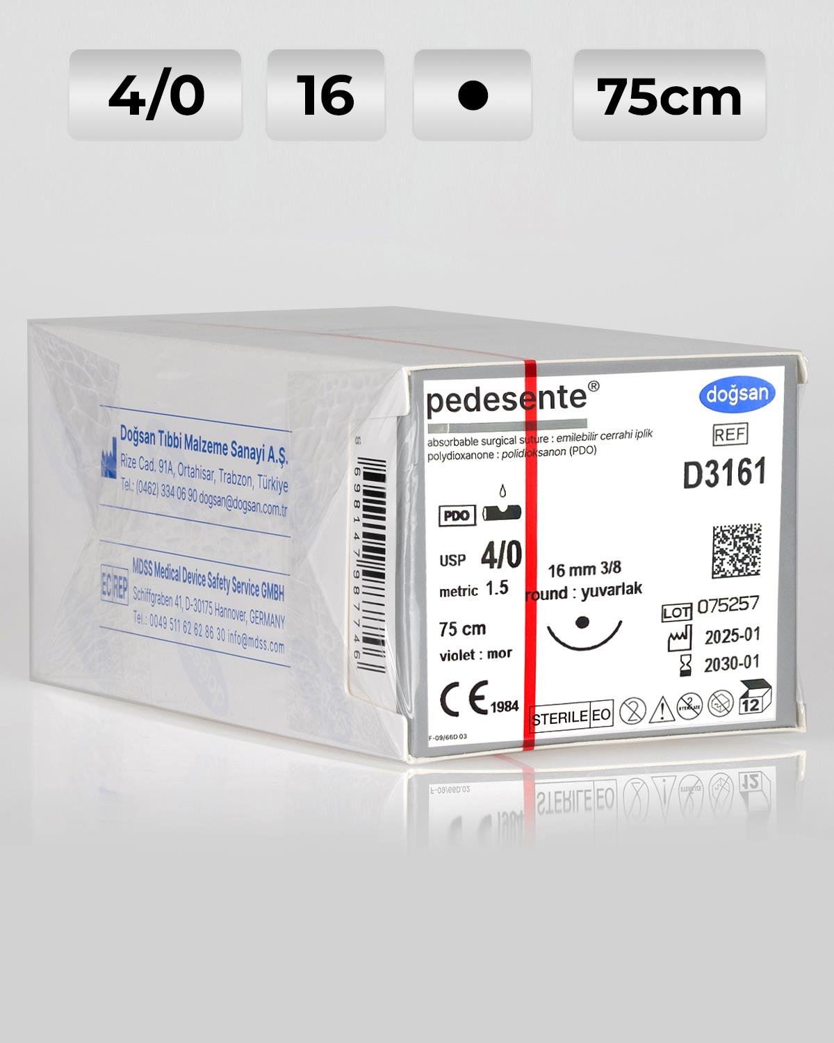 D3161 DOĞSAN Pedesente 4/0 16 3/8 Yuvarlak (●) 75cm PDO Emilebilir Sütür 12 Ad./Pkt